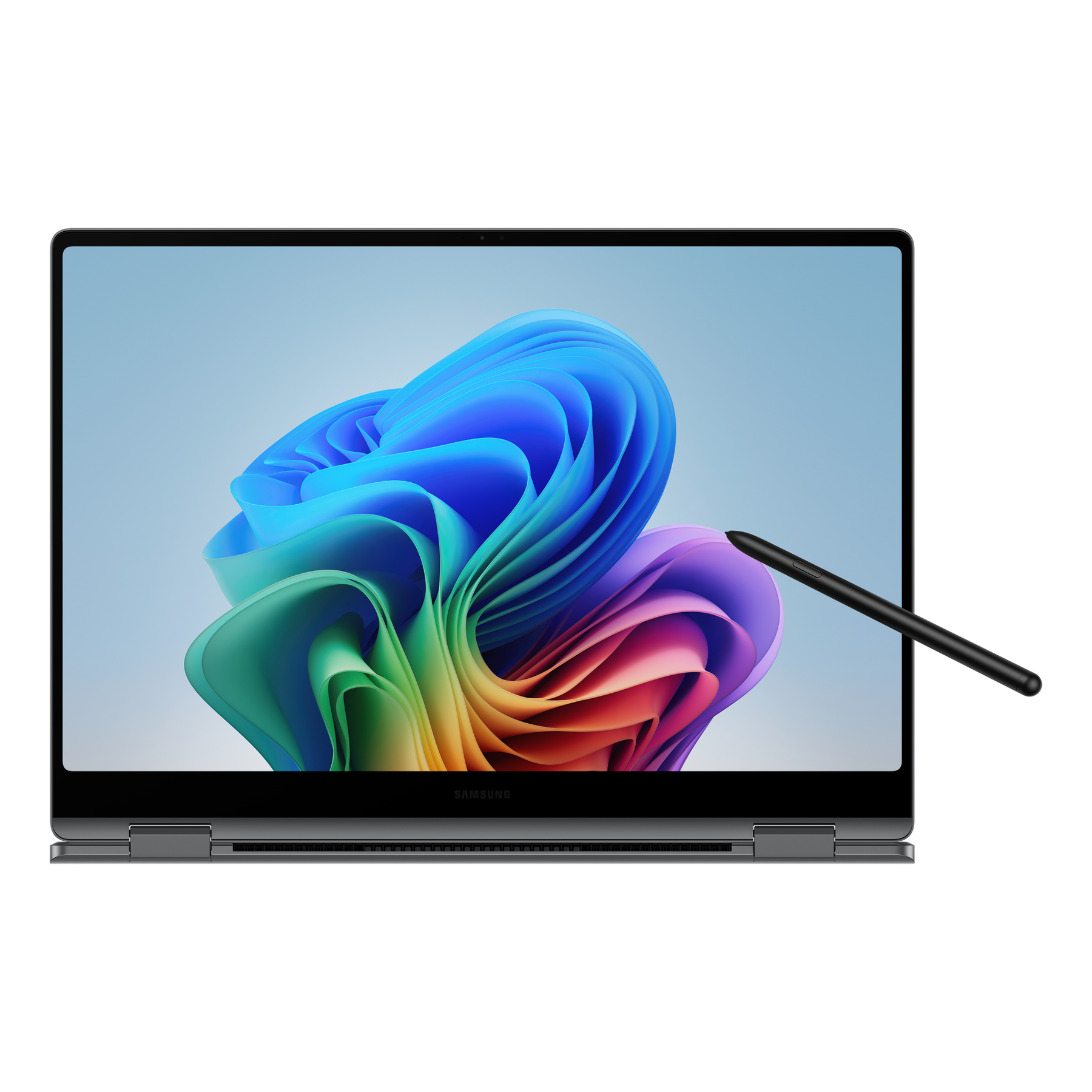 Un portátil Samsung con un fondo abstracto colorido y un lápiz óptico. La pantalla está abierta y el lápiz óptico está junto a ella.