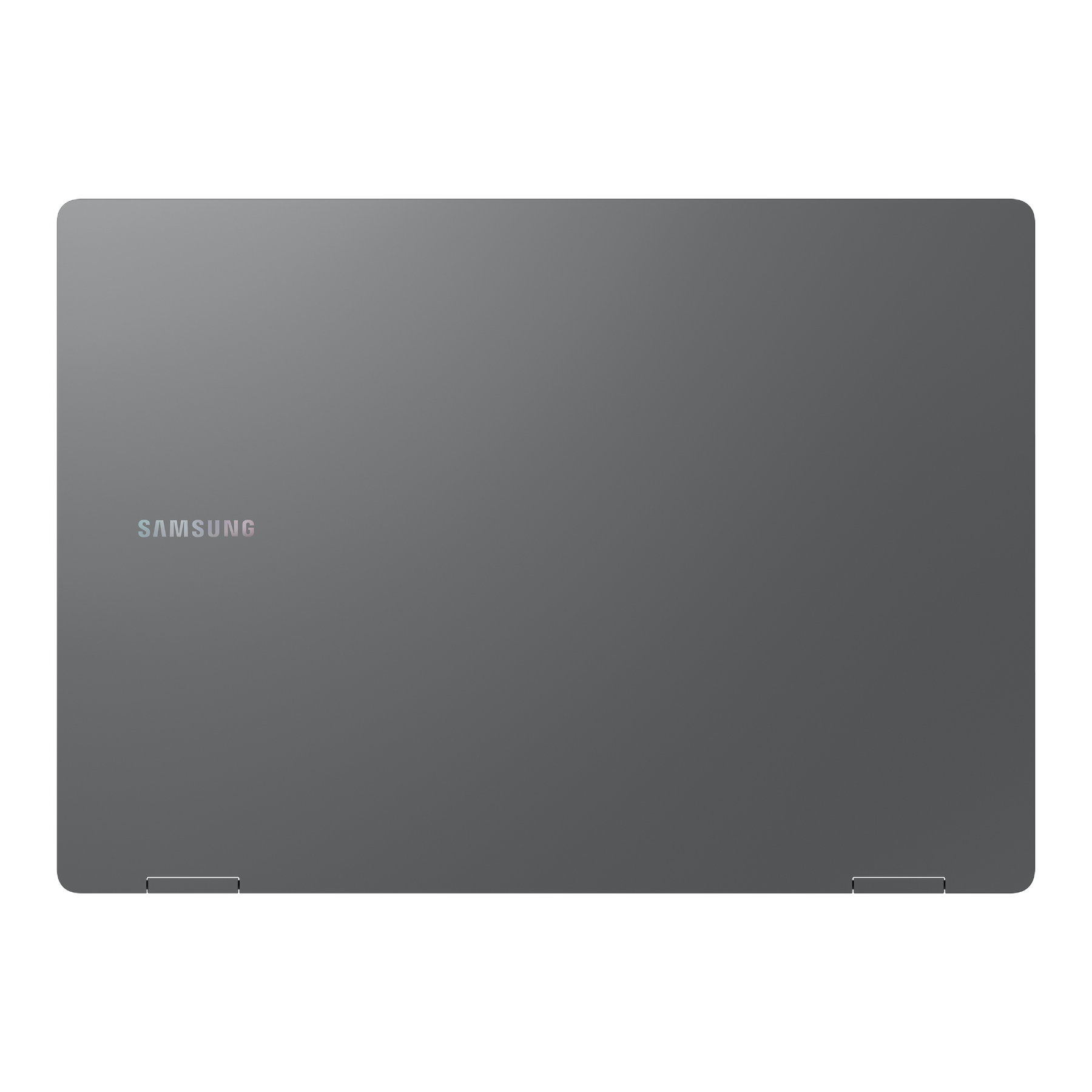 Un portátil Samsung gris cerrado, con el logotipo en la parte superior izquierda. La pantalla es ligeramente reflectante.