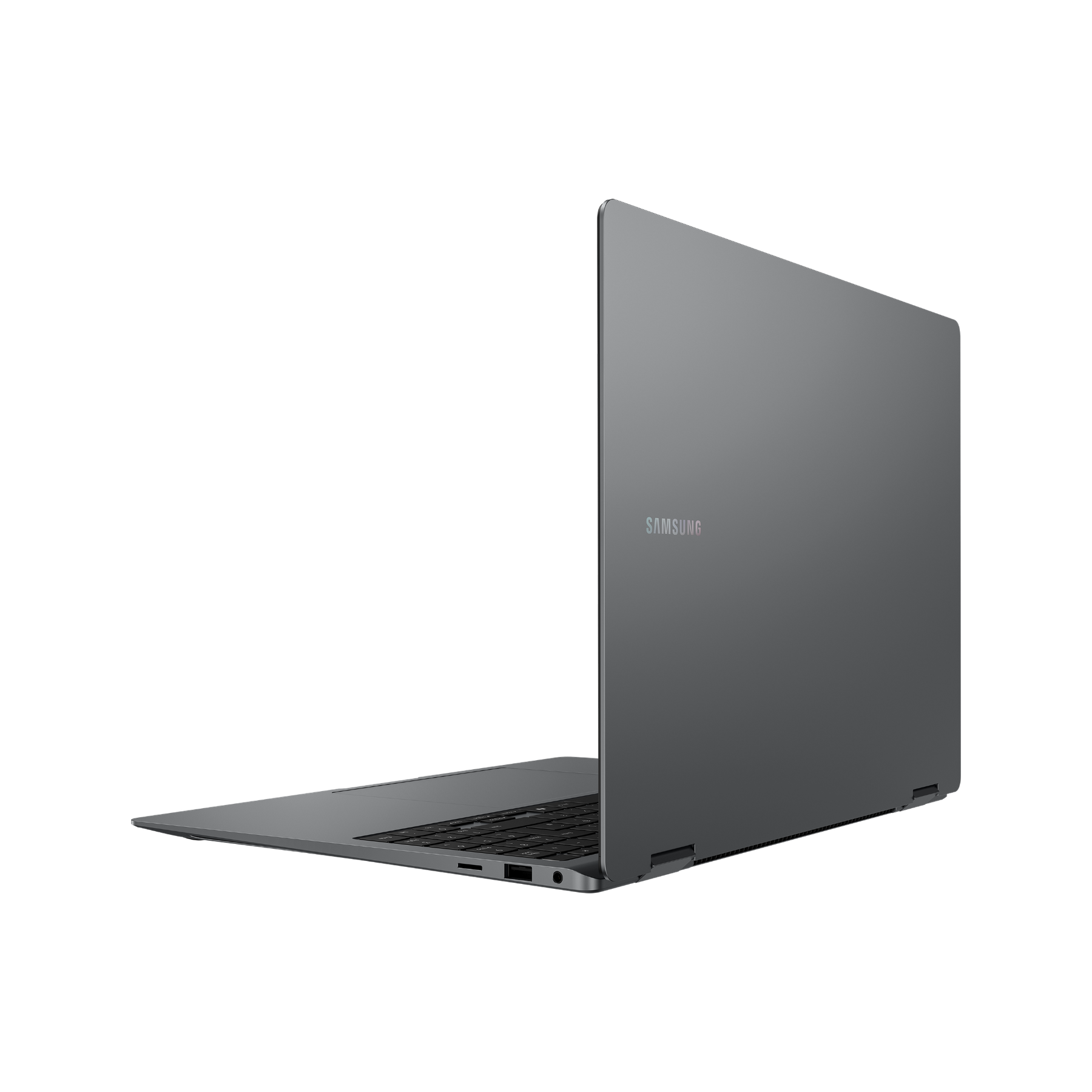 Un portátil gris Samsung se muestra de lado, con la pantalla abierta. El fondo es negro.