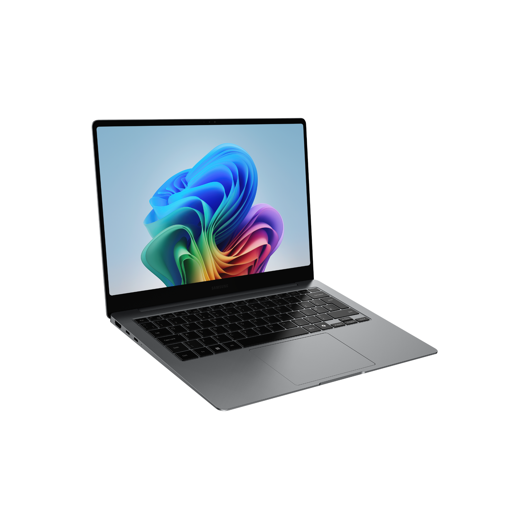 Una laptop gris con pantalla colorida sobre una superficie negra. La pantalla muestra formas abstractas.
