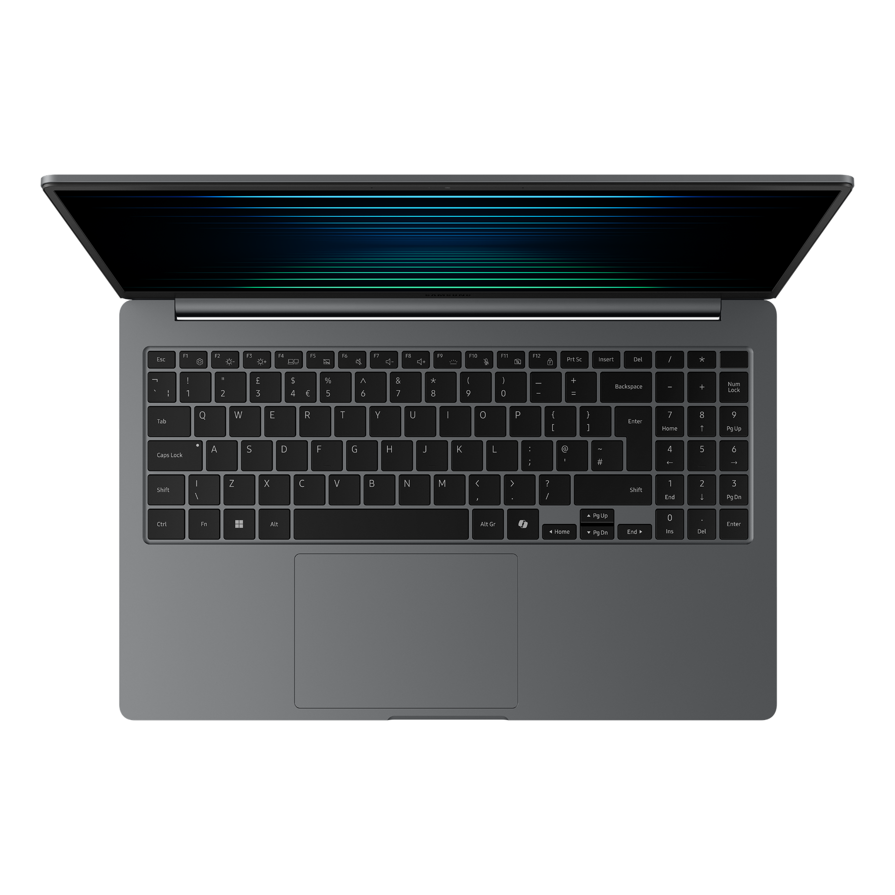 Un portátil gris sobre fondo negro. La pantalla está abierta, mostrando líneas azules y verdes. El teclado es visible.