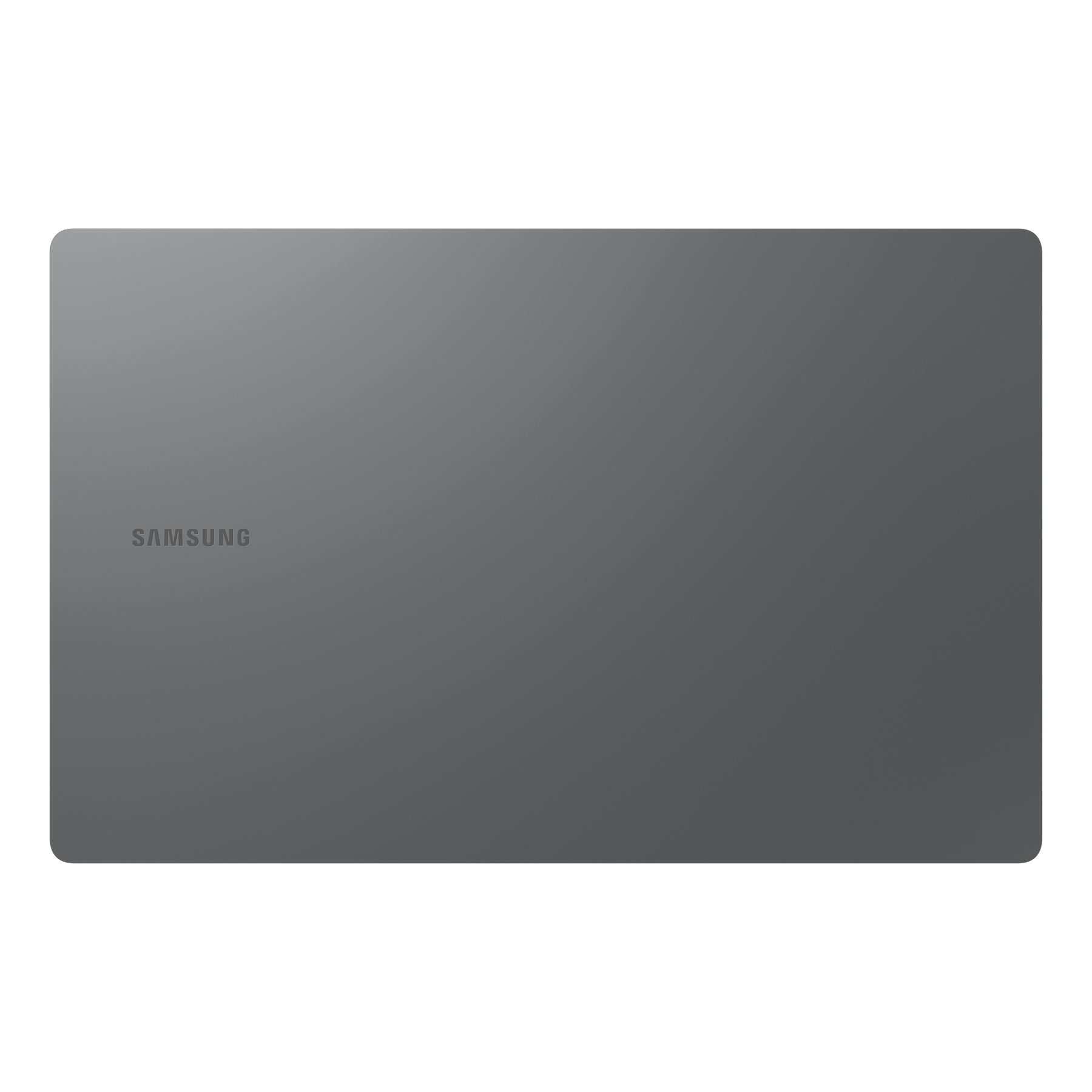 Una tableta gris, marca Samsung, sobre un fondo negro.