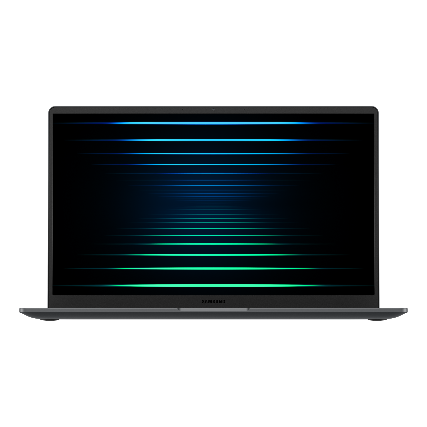 Una laptop gris oscuro muestra líneas horizontales azules y verdes en una pantalla negra. El logotipo de Samsung está debajo.