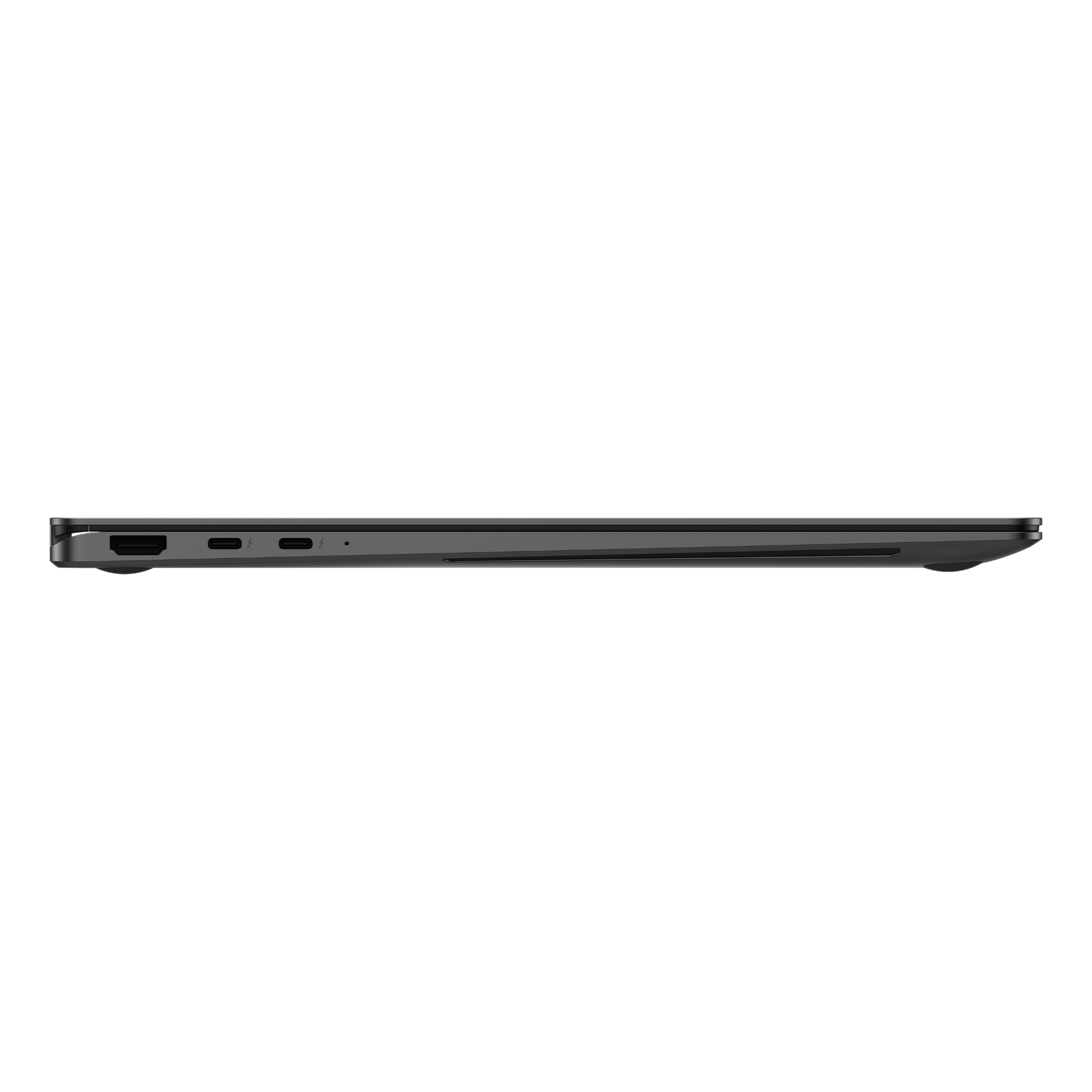 Vista lateral de un portátil gris. Los puertos son visibles en el lateral, incluyendo HDMI y USB-C.