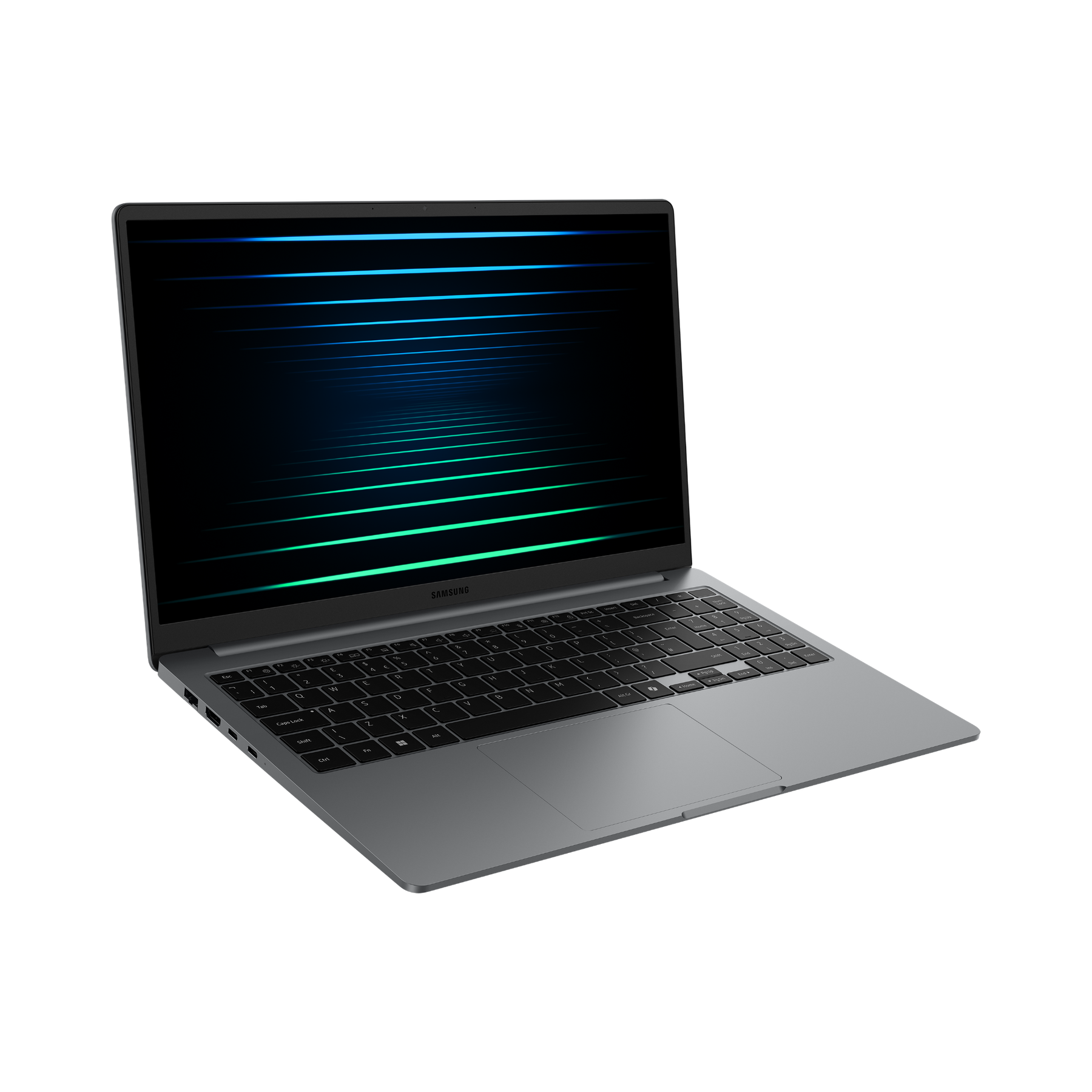 Un portátil gris sobre fondo negro. La pantalla muestra un patrón de líneas azules y verdes. Teclado visible.
