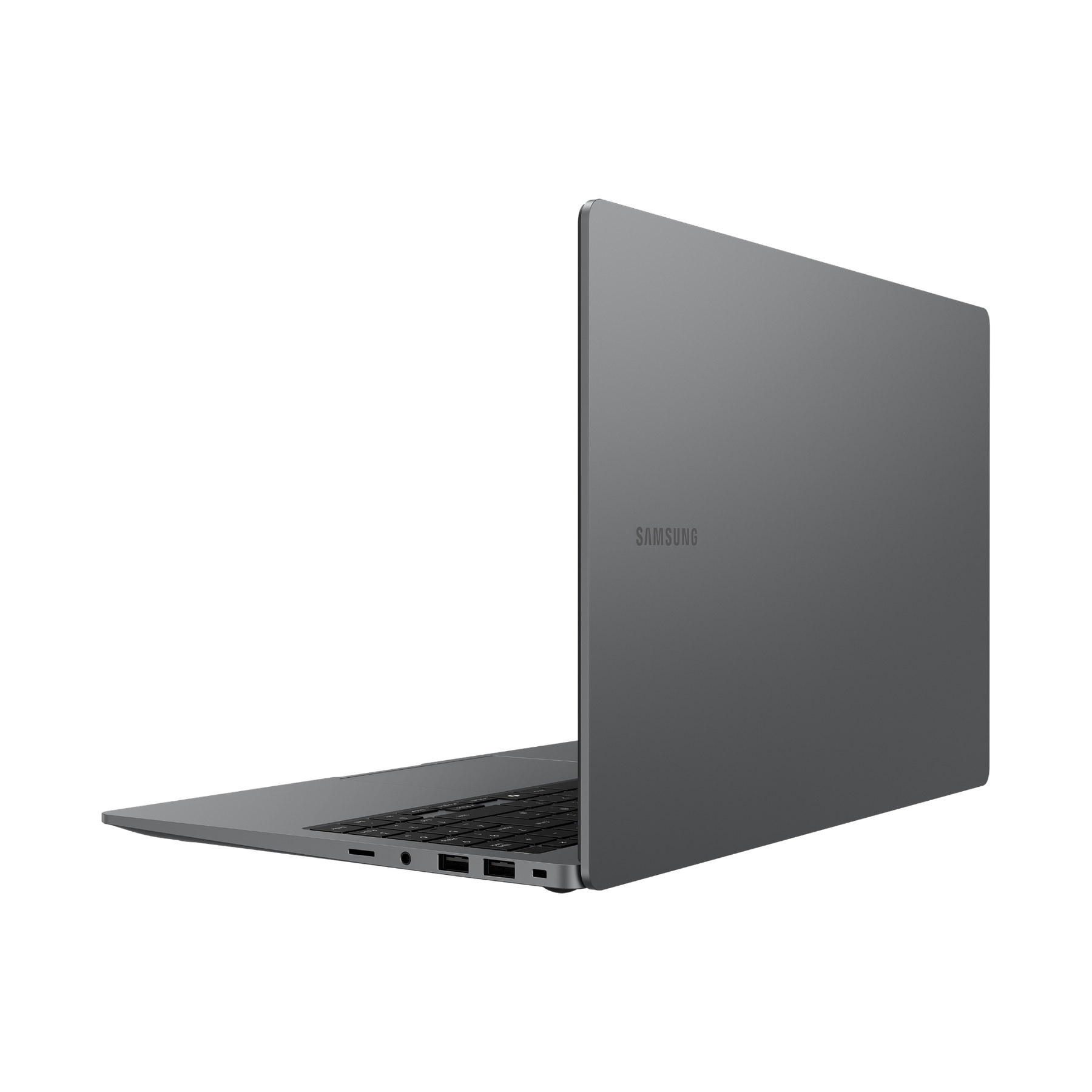 Un portátil Samsung gris ligeramente abierto sobre fondo negro. El nombre de la marca es visible.