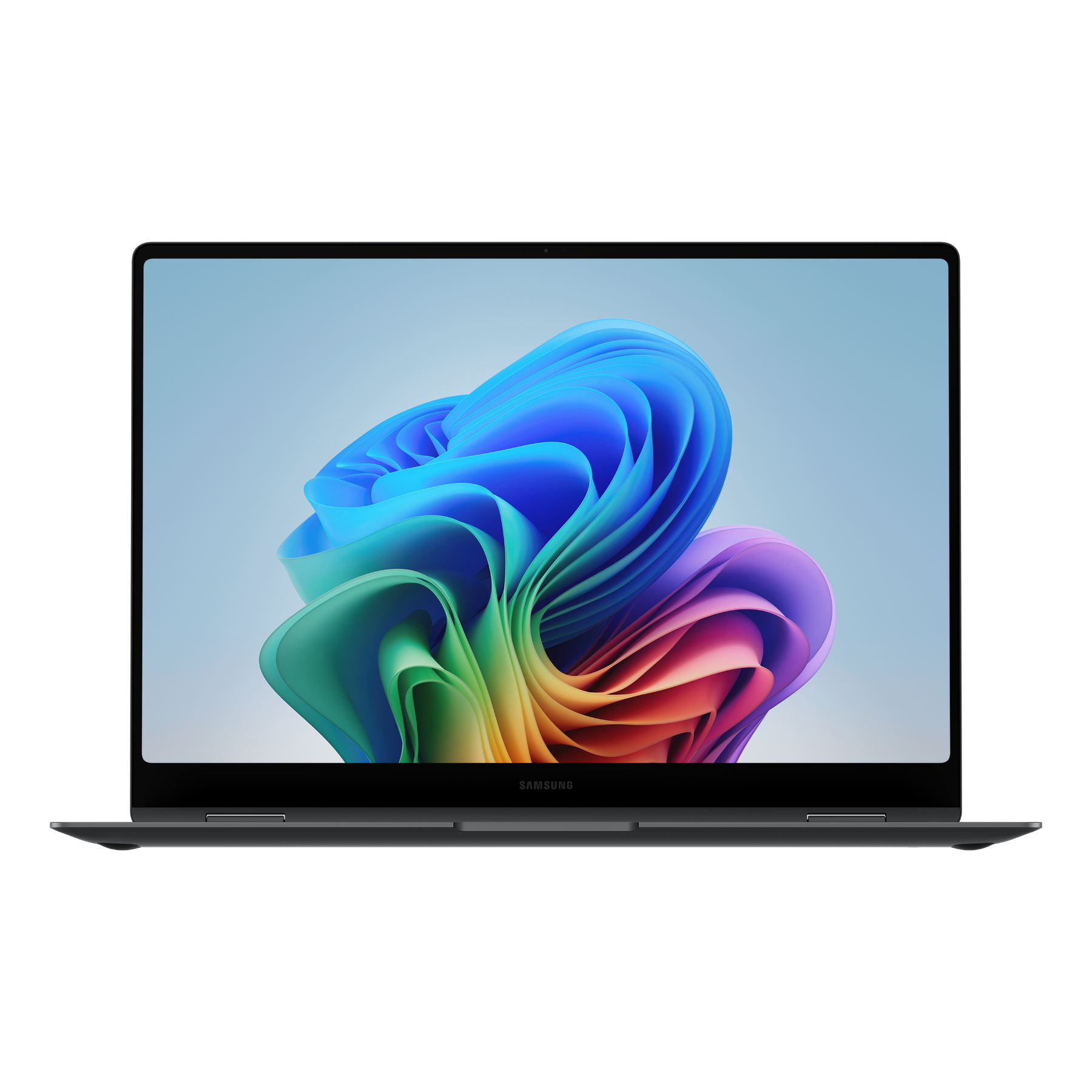 Un portátil con un diseño abstracto y colorido en la pantalla. El logo de Samsung es visible.