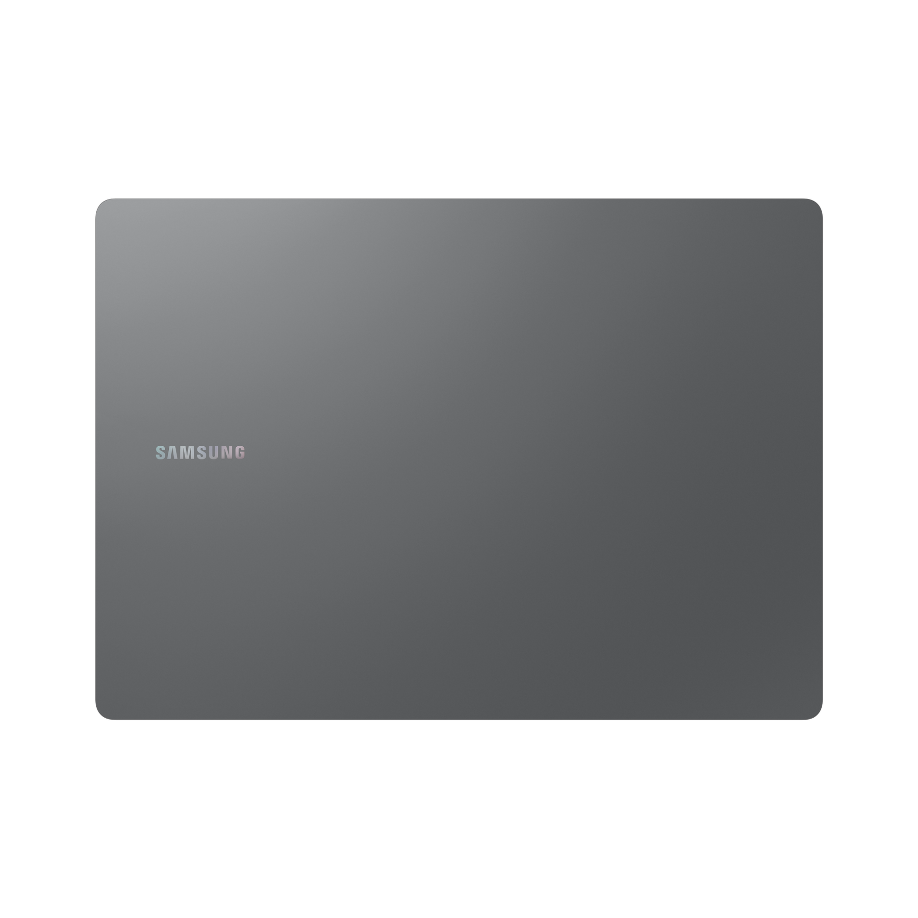 Una tableta Samsung rectangular y gris sobre un fondo negro. El logotipo de Samsung es visible.