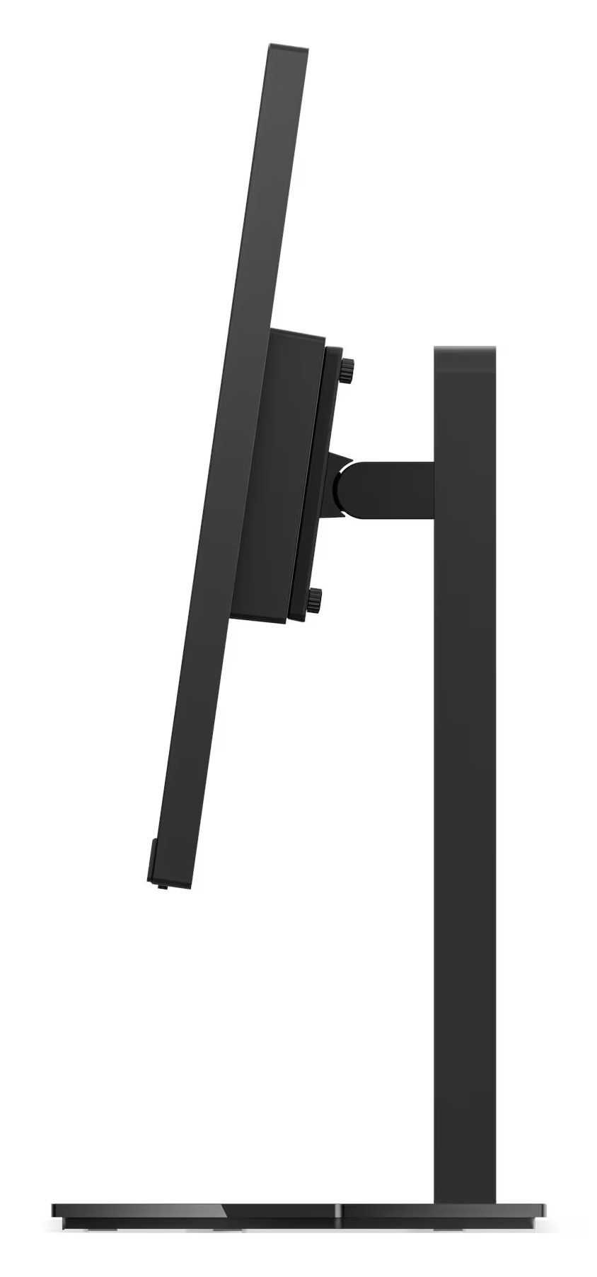 Widok z boku czarnego monitora komputera. Ekran jest pochylony. Ma podstawę i podstawę.