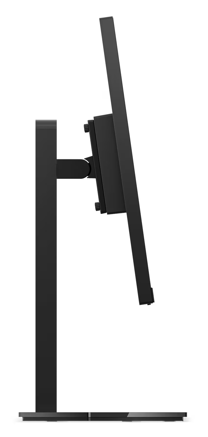 Widok z boku czarnego monitora komputera. Ekran jest pochylony. Podstawa i stojak są również czarne. Tło jest białe.