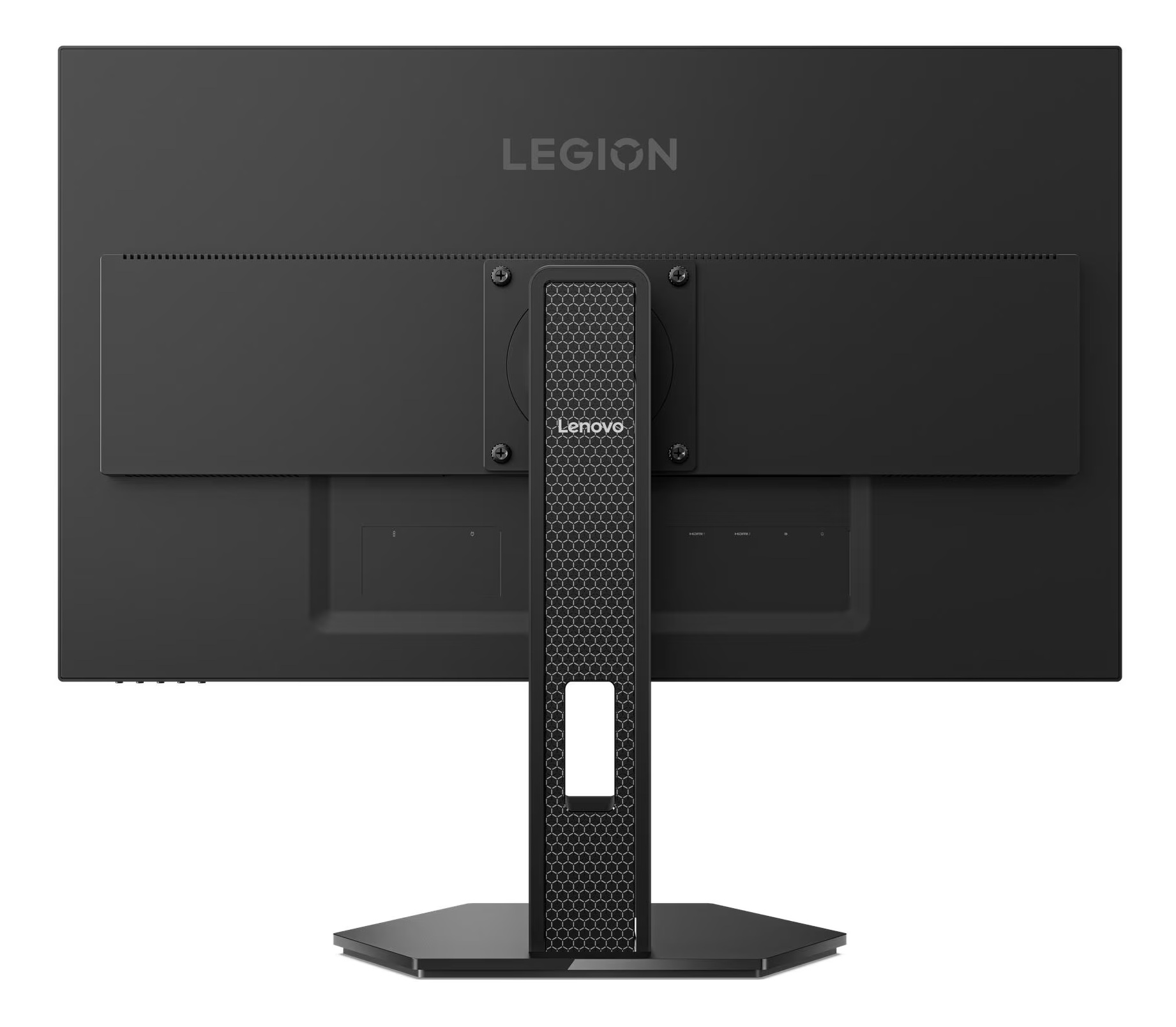 Tył czarnego monitora Lenovo Legion. Zawiera logo Legion, markę Lenovo i wzór plastra miodu.