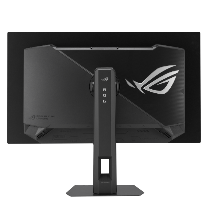 Egy fekete ROG monitor hátulja, ROG logóval és állvánnyal, fekete háttér előtt. Az állvány is fekete.