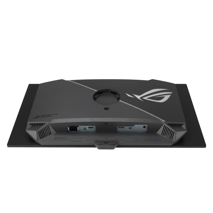 Egy fekete ROG monitor hátulnézete. Van rajta egy tápcsatlakozó, HDMI portok és egy kör alakú tartó. A ROG logó látható.