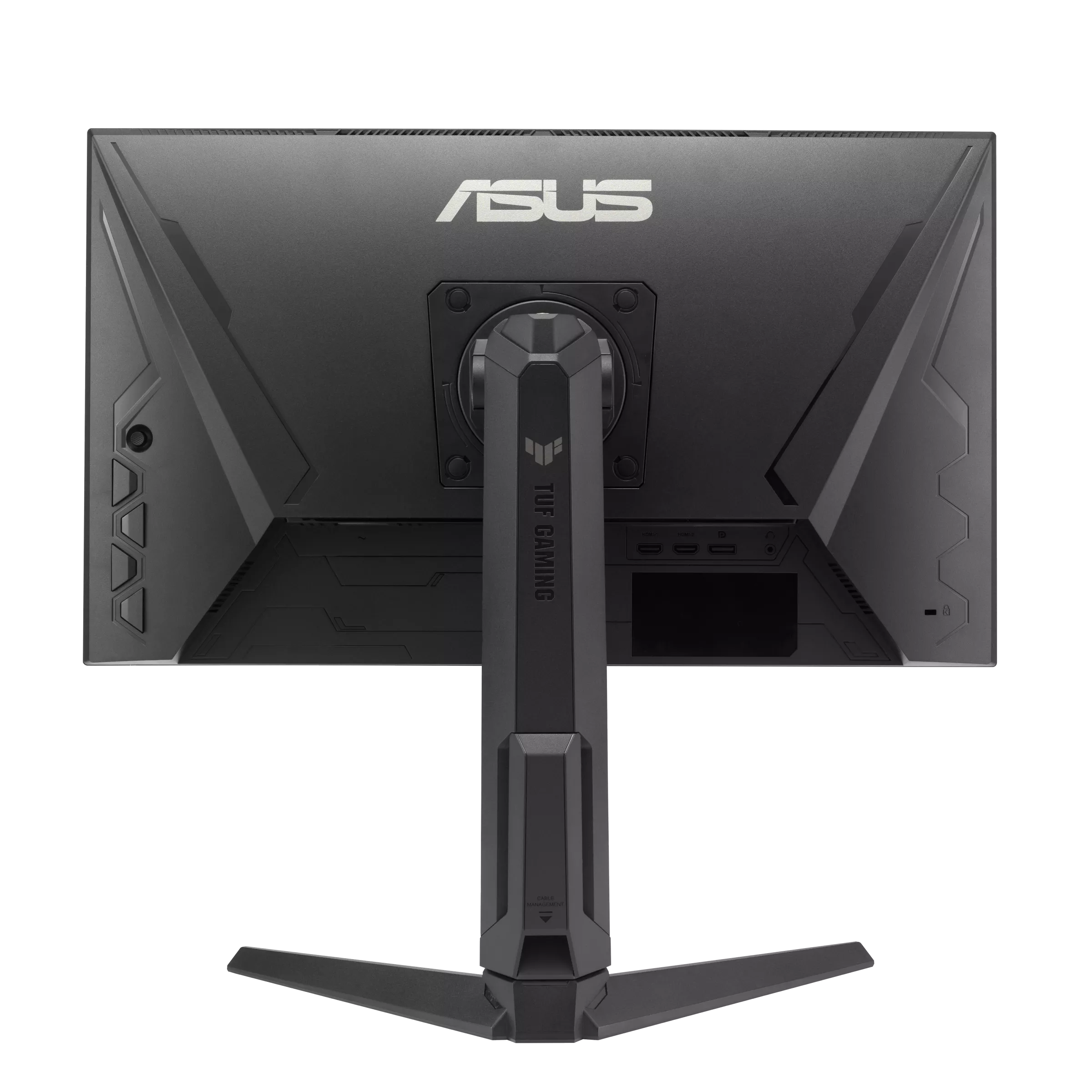 Fekete ASUS TUF Gaming monitor hátulja. ASUS logó, portok és kábelkezelő állvány.
