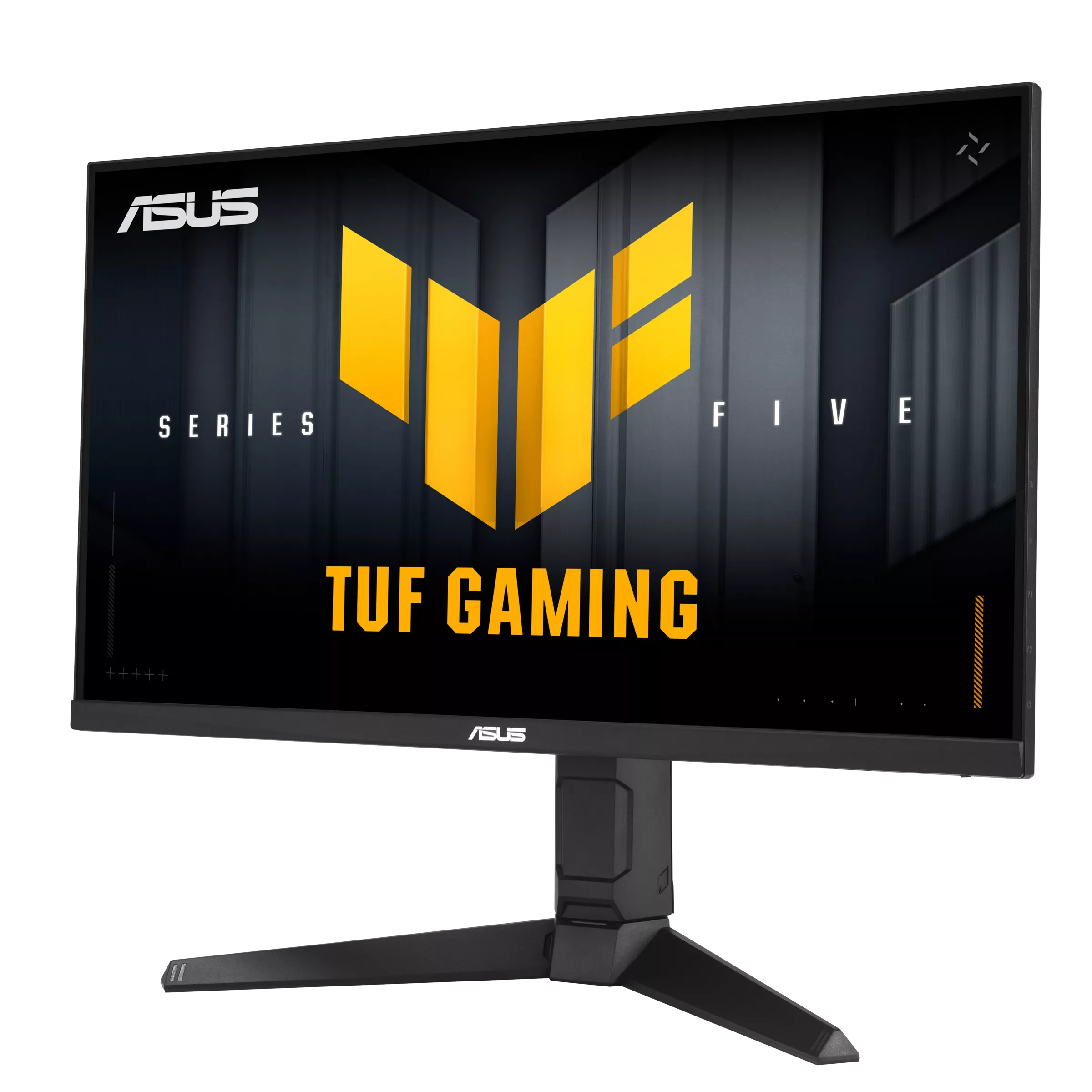 ASUS TUF Gaming monitor. Fekete keret, sárga logó és szöveg a képernyőn. Fekete állvány. Sötét háttér.