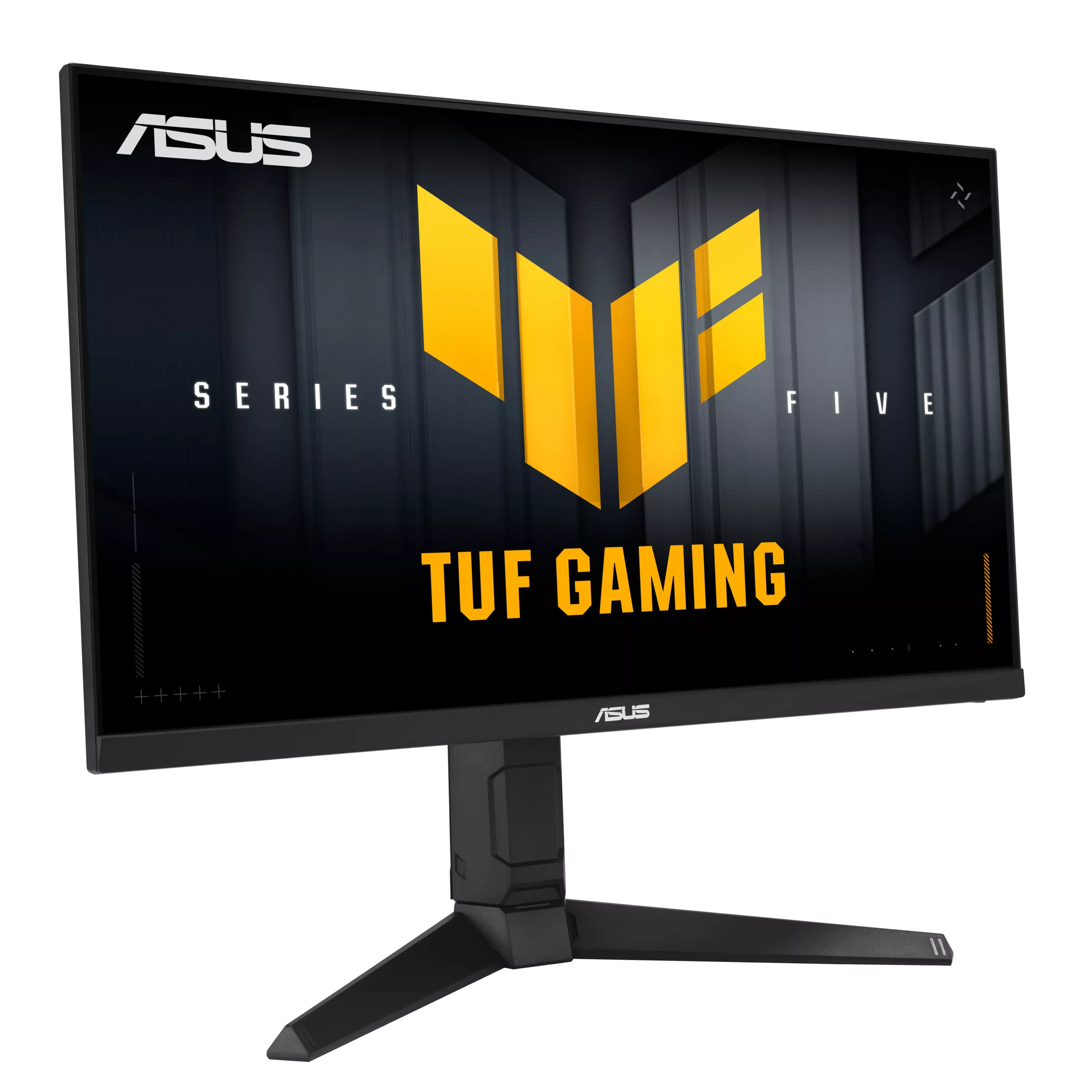 Egy ASUS TUF Gaming monitor fekete képernyőt jelenít meg sárga grafikával. Az állvány fekete. A márkanév látható.
