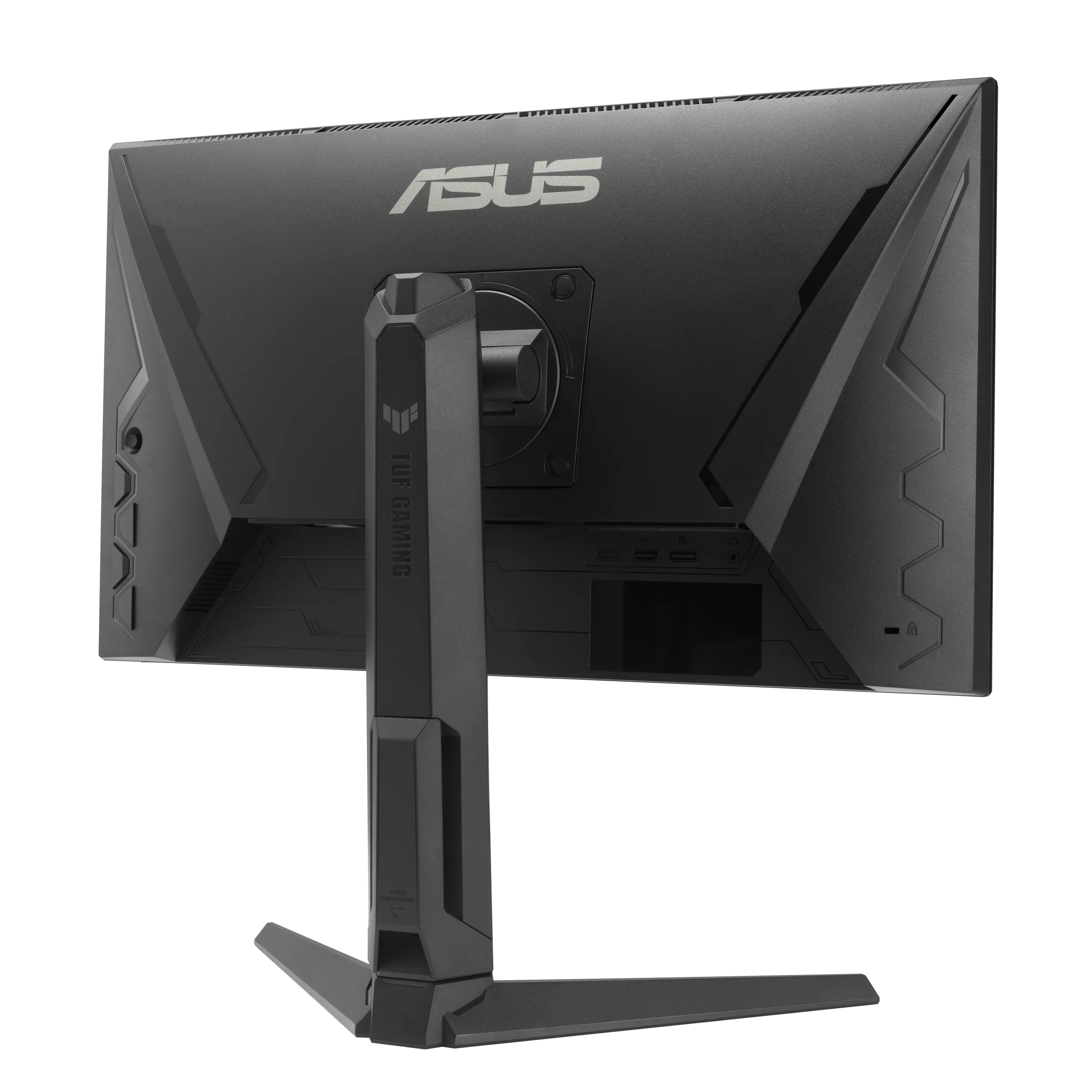 Egy fekete ASUS gaming monitor hátulról. A tartó és a portok láthatók. Az ASUS és TUF Gaming logók jelen vannak.