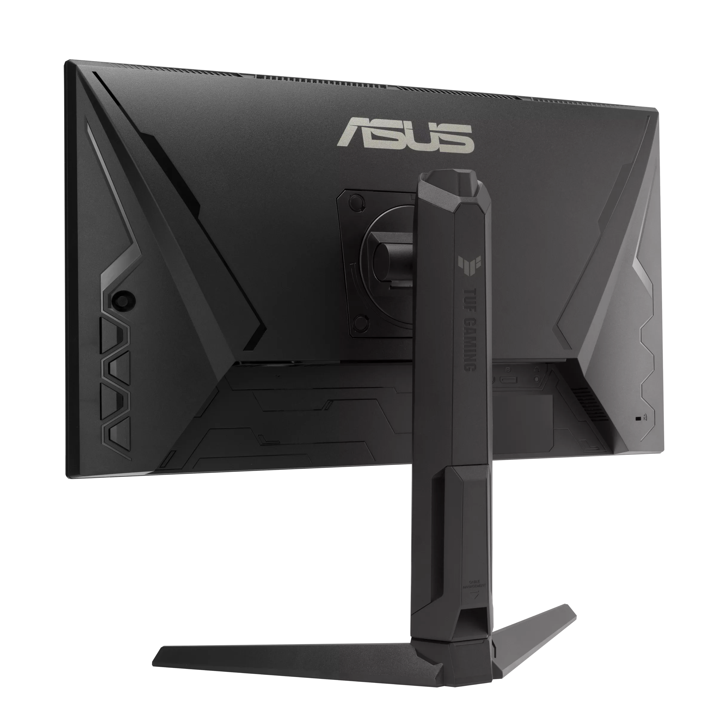 Egy fekete ASUS gaming monitor hátulnézete. Az állvány is fekete. Látható az ASUS és a TUF GAMING logója.