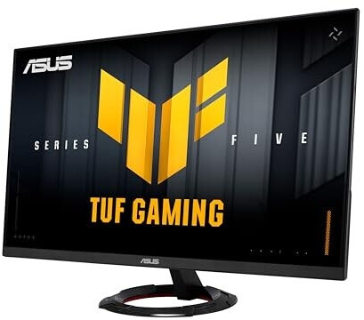 ASUS TUF Gaming monitor. Fekete keret sárga-fekete képernyővel, logóval és szöveggel. Fekete alap piros díszítéssel.