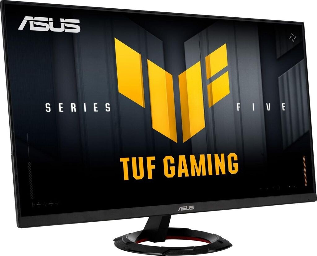 ASUS TUF Gaming monitor. Fekete keret, sárga logó és szöveg a képernyőn. Fekete talp.
