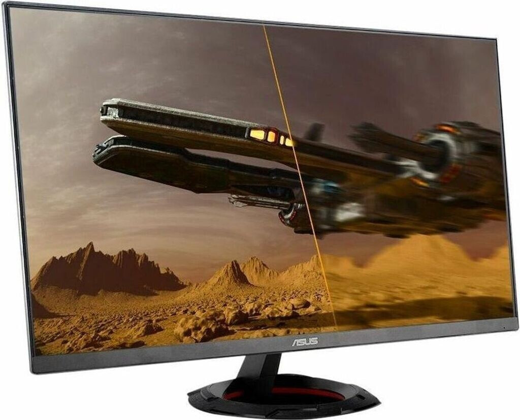Egy ASUS monitor sci-fi jelenetet jelenít meg, űrhajóval a sivatagi táj felett. A monitor fekete állványon áll.
