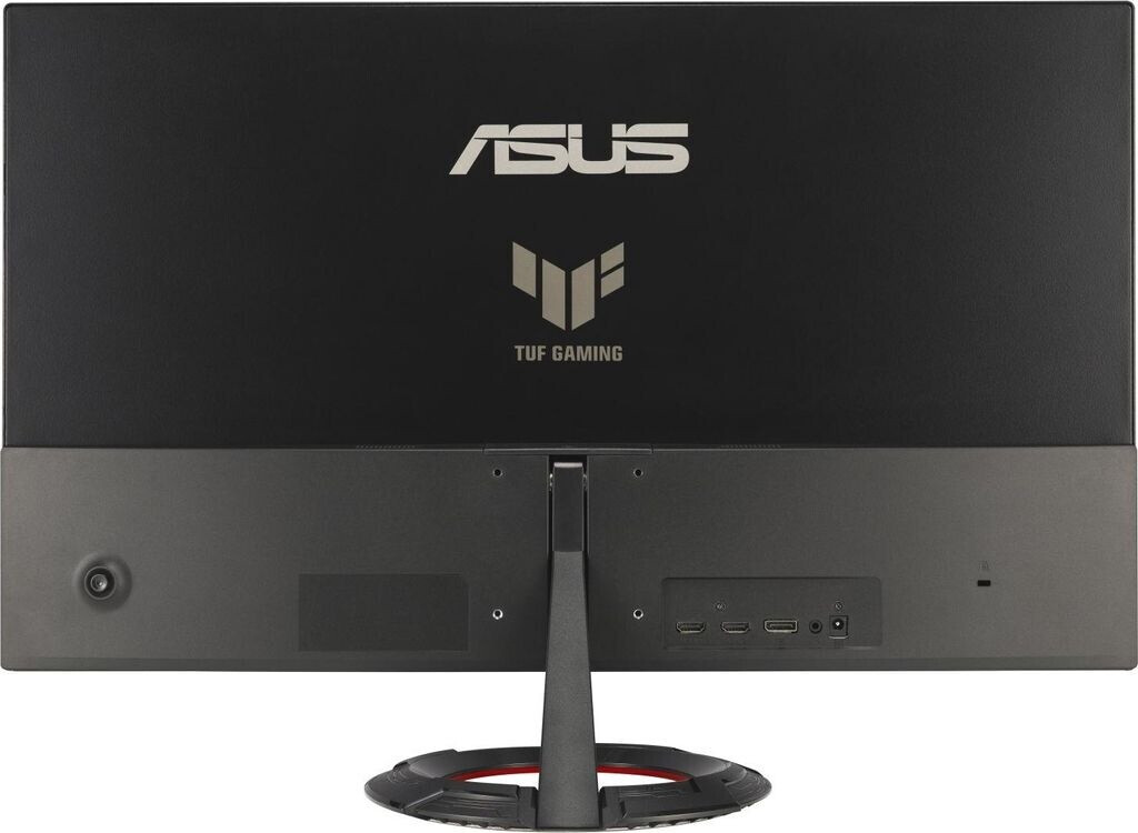 Egy ASUS TUF gaming monitor hátulja. ASUS és TUF logók. Csatlakozók és egy állvány található rajta.
