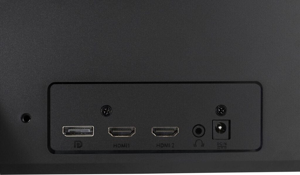 A fekete monitor hátlapjának közeli képe. Több portot mutat: DisplayPort, HDMI 1, HDMI 2, audio csatlakozó és DC IN.