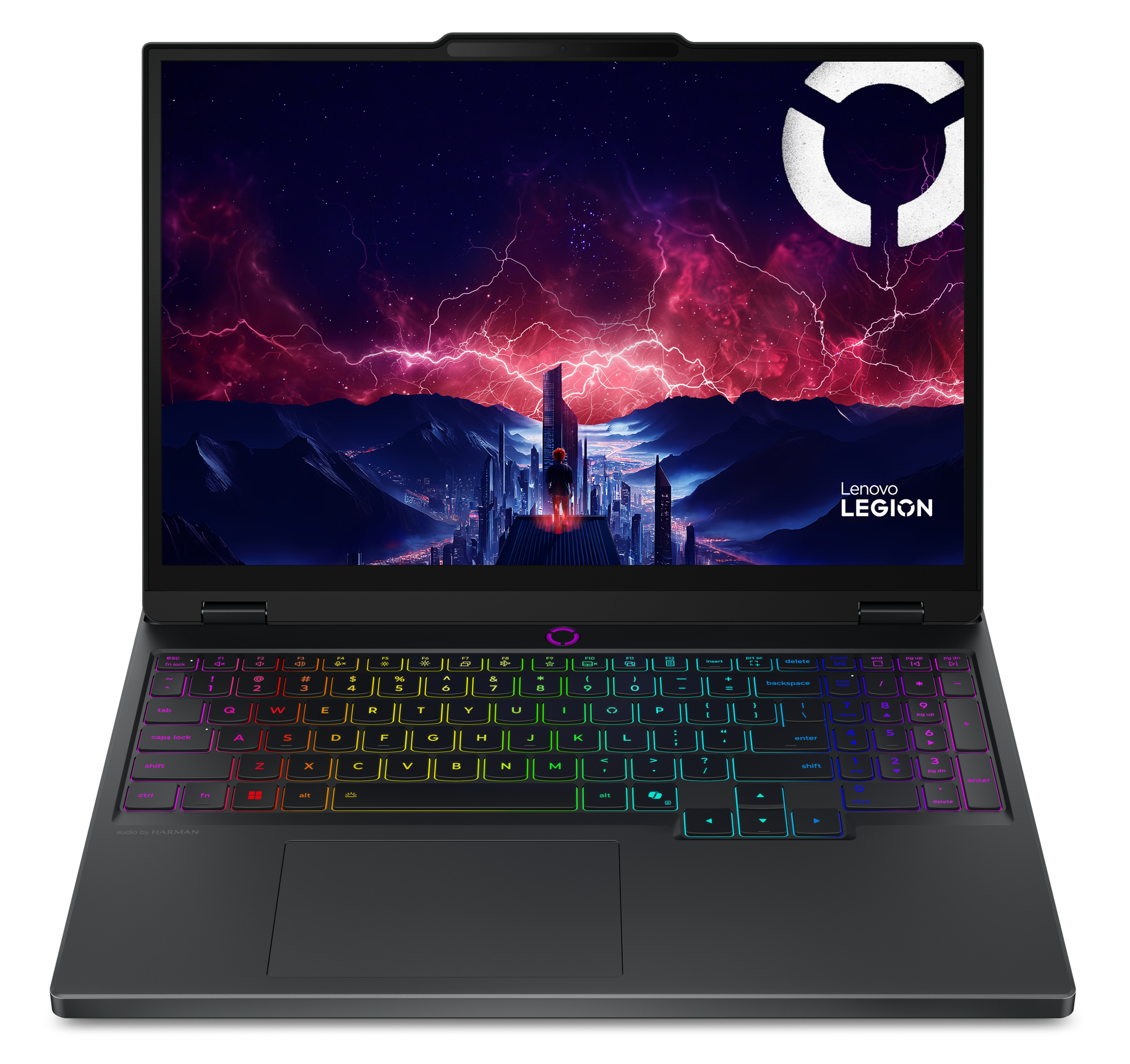 Laptop Lenovo Legion wyświetla futurystyczną scenę z osobą na moście. Błyskawice nad miastem i górami.