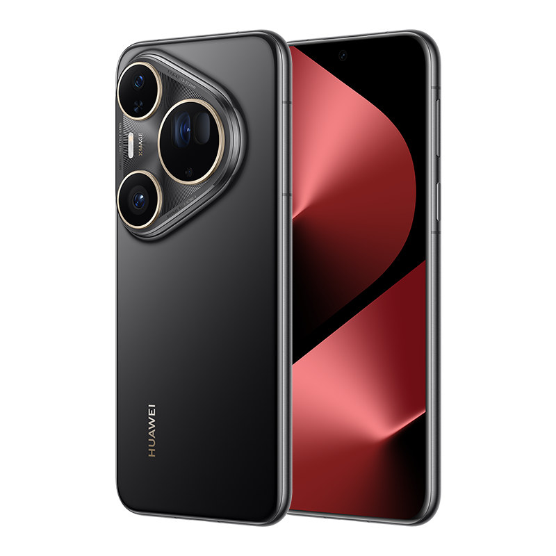 Czarny smartfon Huawei z trzema obiektywami z tyłu i czerwonym gradientowym wyświetlaczem na białym tle.