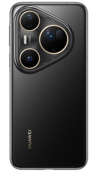 Czarny tył smartfona Huawei. Trzy obiektywy z złotymi akcentami, widoczne logo Huawei.