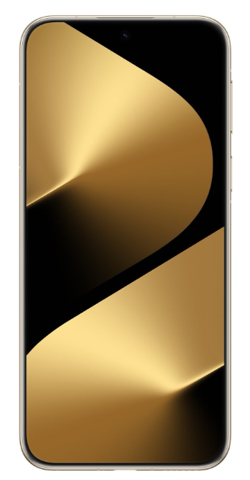 Złoty smartfon z czarno-złotym abstrakcyjnym wzorem na ekranie. Telefon ma zaokrąglone krawędzie i aparat.