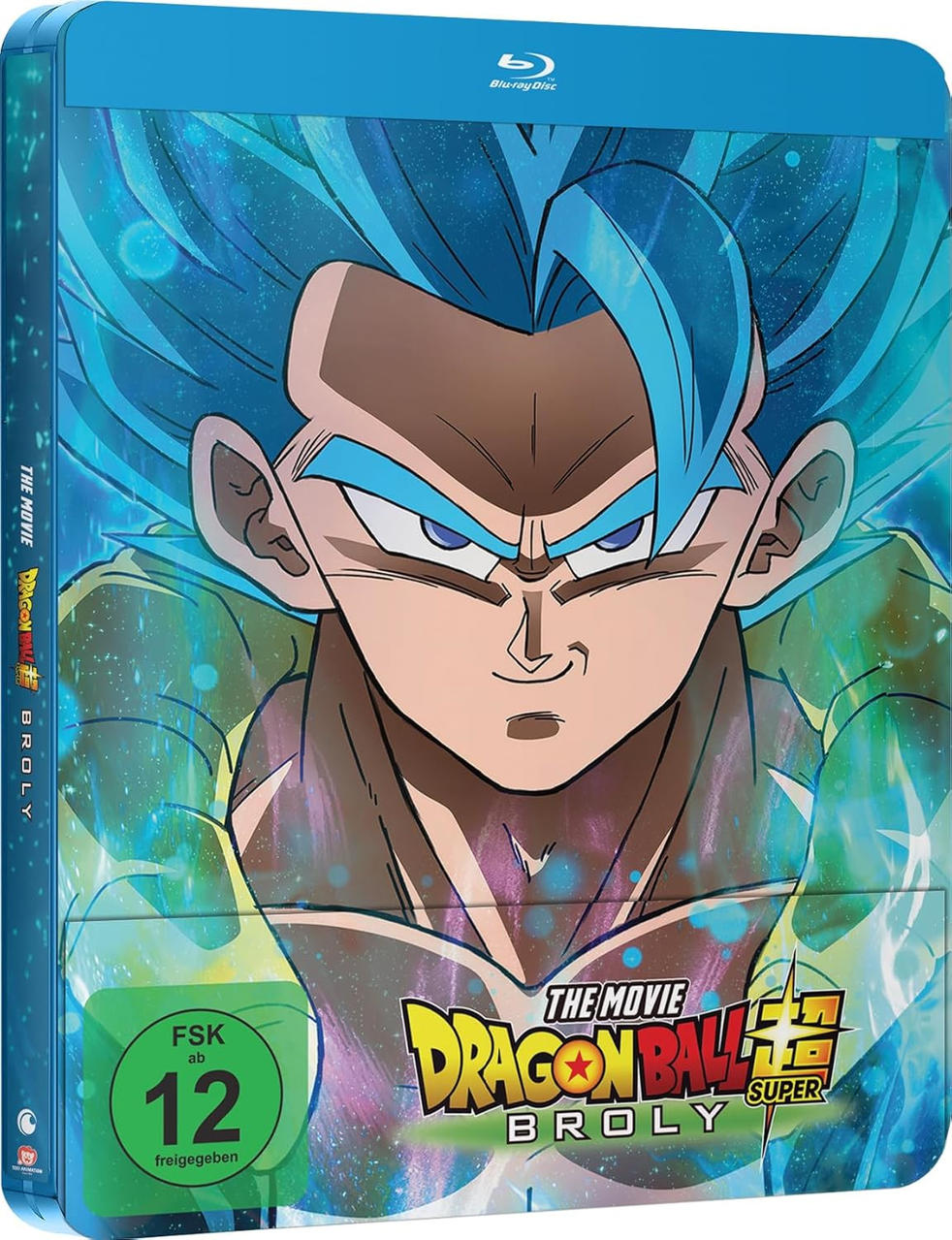 Blu-ray-Hülle mit einem Charakter aus Dragon Ball Super: Broly. Das Cover zeigt den Charakter mit blauen Haaren und einem grünen Logo.