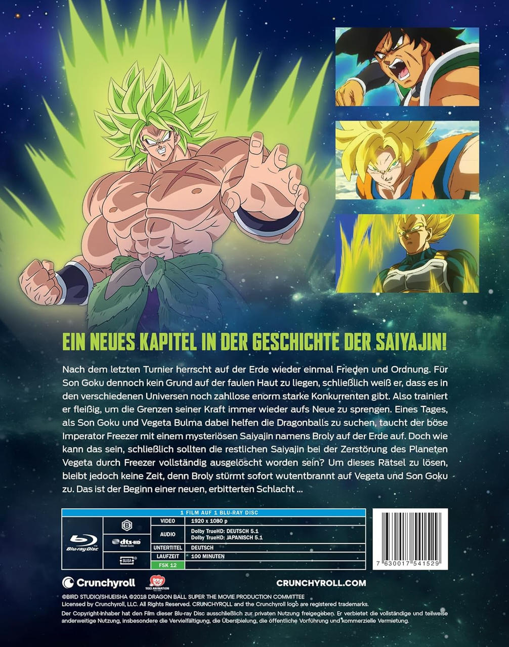 Broly, eine muskulöse Figur mit grünen Haaren, ist die zentrale Figur. Andere Dragon Ball-Charaktere sind im Hintergrund.