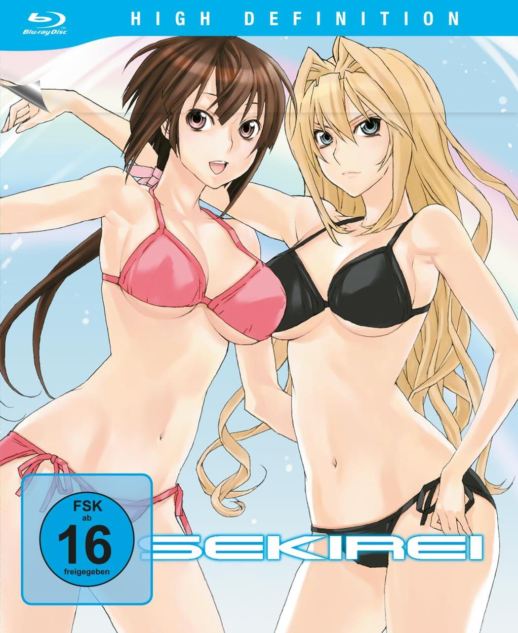 Anime-Cover-Art zeigt zwei Frauen in Bikinis. Eine mit braunen Haaren und pinkem Bikini, die andere mit blonden Haaren und schwarzem Bikini. Blu-ray-Logo.