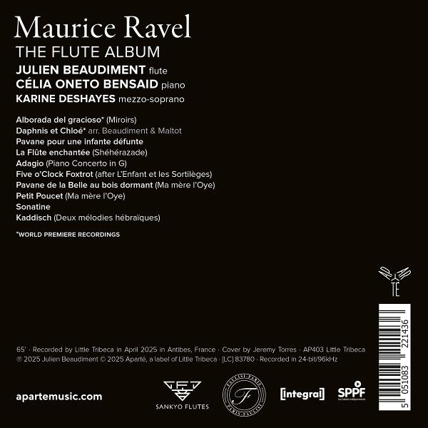 Albumcover mit Text: 'Maurice Ravel, The Flute Album'. Namen der Interpreten und Titelliste auf dunklem Hintergrund.