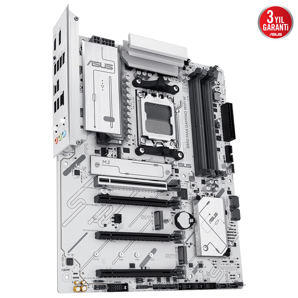 Beyaz bir ASUS B850 MAX GAMING WIFI W anakart. Yuvalar, bağlantı noktaları ve ASUS logosu bulunur. Köşede garanti logosu.