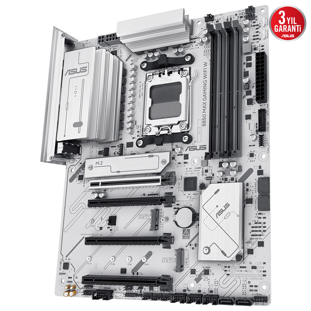 Beyaz bir ASUS B850 MAX GAMING WIFI W anakart. Çeşitli yuvalara, bağlantı noktalarına ve bir ASUS logosuna sahiptir. Bir garanti etiketi köşededir.