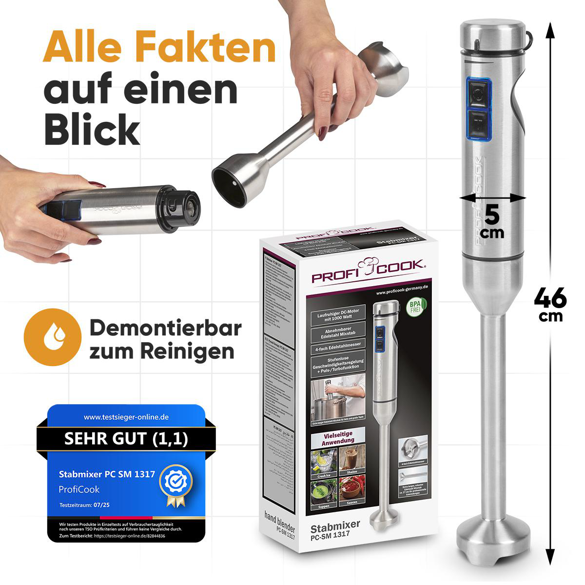 Ein Handmixer mit abnehmbaren Teilen und einer Box mit Spezifikationen. Der Mixer ist silber und schwarz. Auf der Box steht ProfiCook.