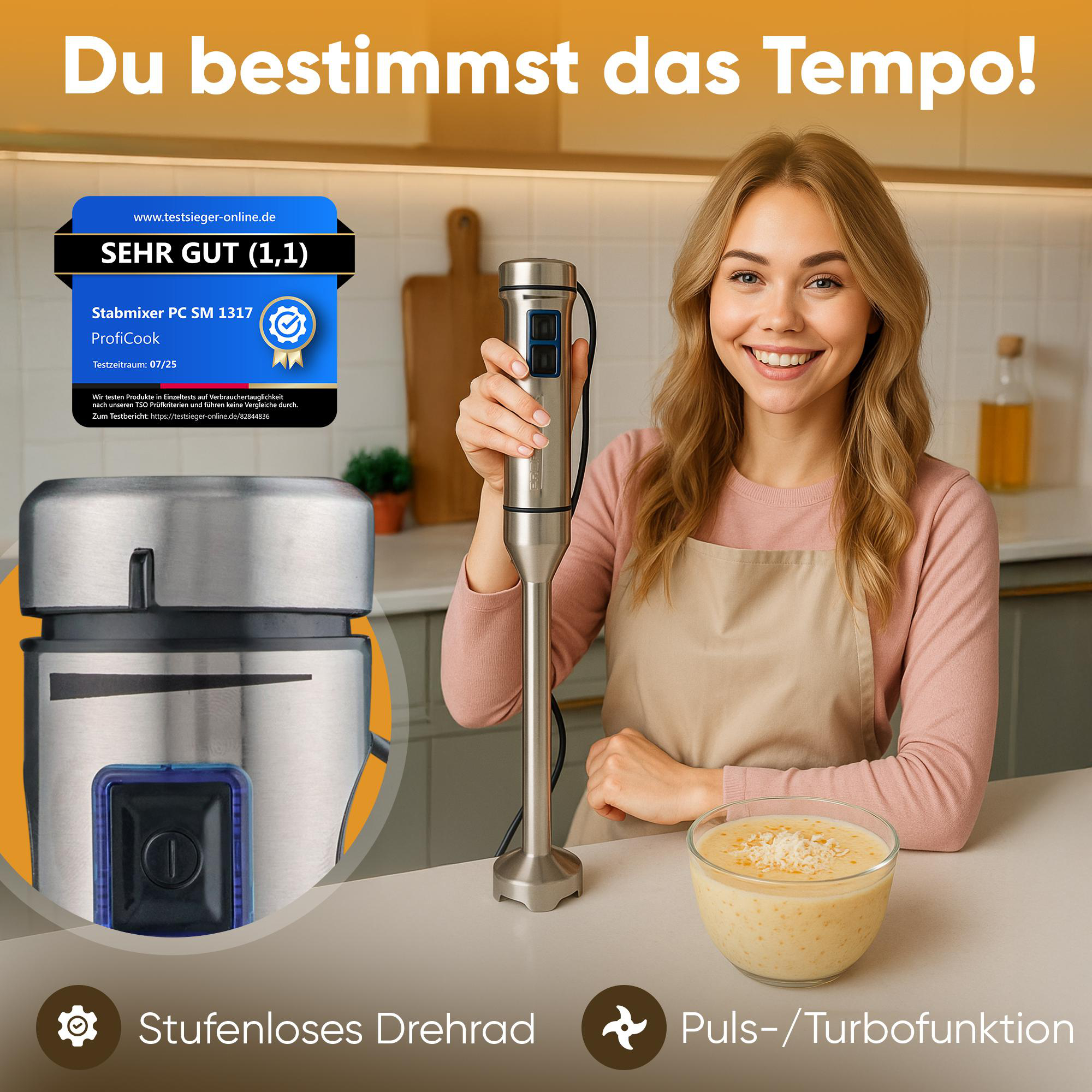Frau hält einen Stabmixer, eine Schüssel mit Essen und eine Produktbewertung. Text: 'Du bestimmst das Tempo!'