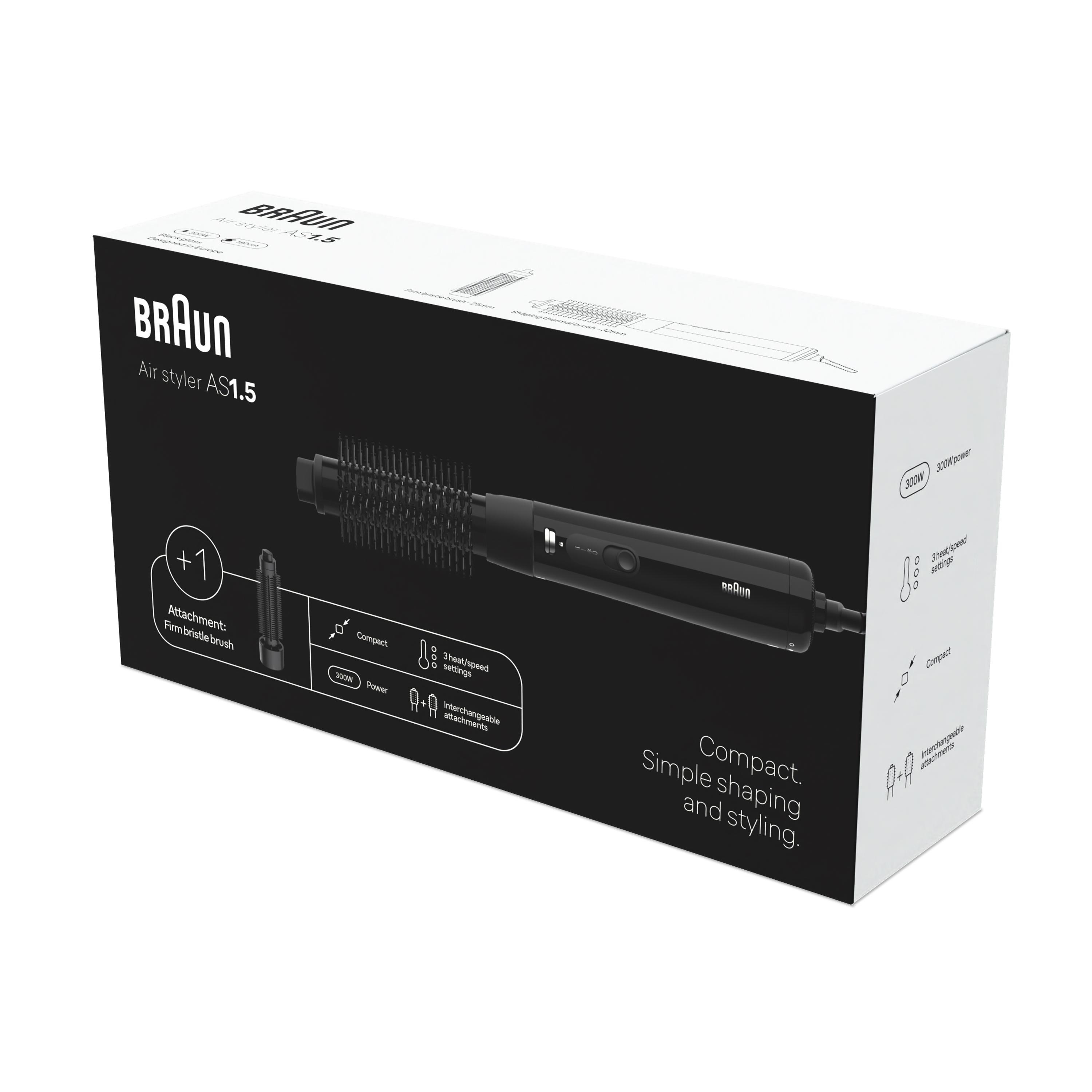 Eine Braun Air styler AS1.5-Box. Sie zeigt das Produkt mit einem schwarzen Körper und Symbolen, die Funktionen beschreiben.
