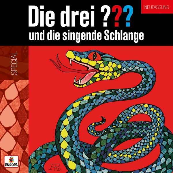 Illustration einer blau, grün und gelb gefärbten Schlange mit offenem Maul und roter Zunge. Der Hintergrund ist rot, mit Text oben.