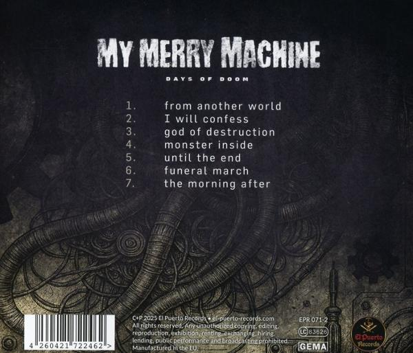 Albumcover für My Merry Machine, Days of Doom. Enthält eine Titelliste und einen dunklen, mechanischen Hintergrund.