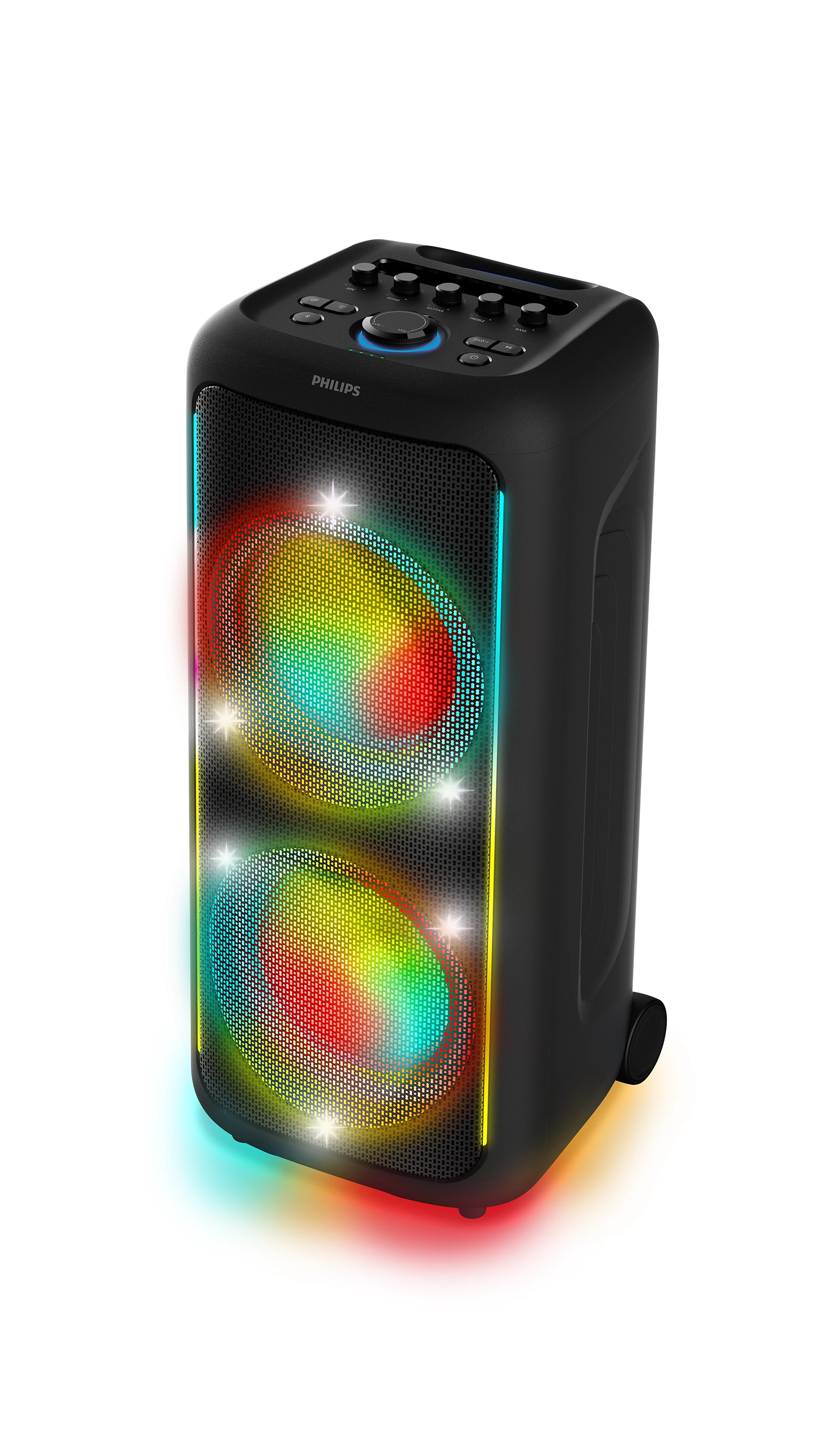Renkli ışıklı siyah Philips parti hoparlörü. Üst kısımda kontroller bulunur. Hoparlörlerin ön yüzleri gökkuşağı renklerinde örgüden yapılmıştır.