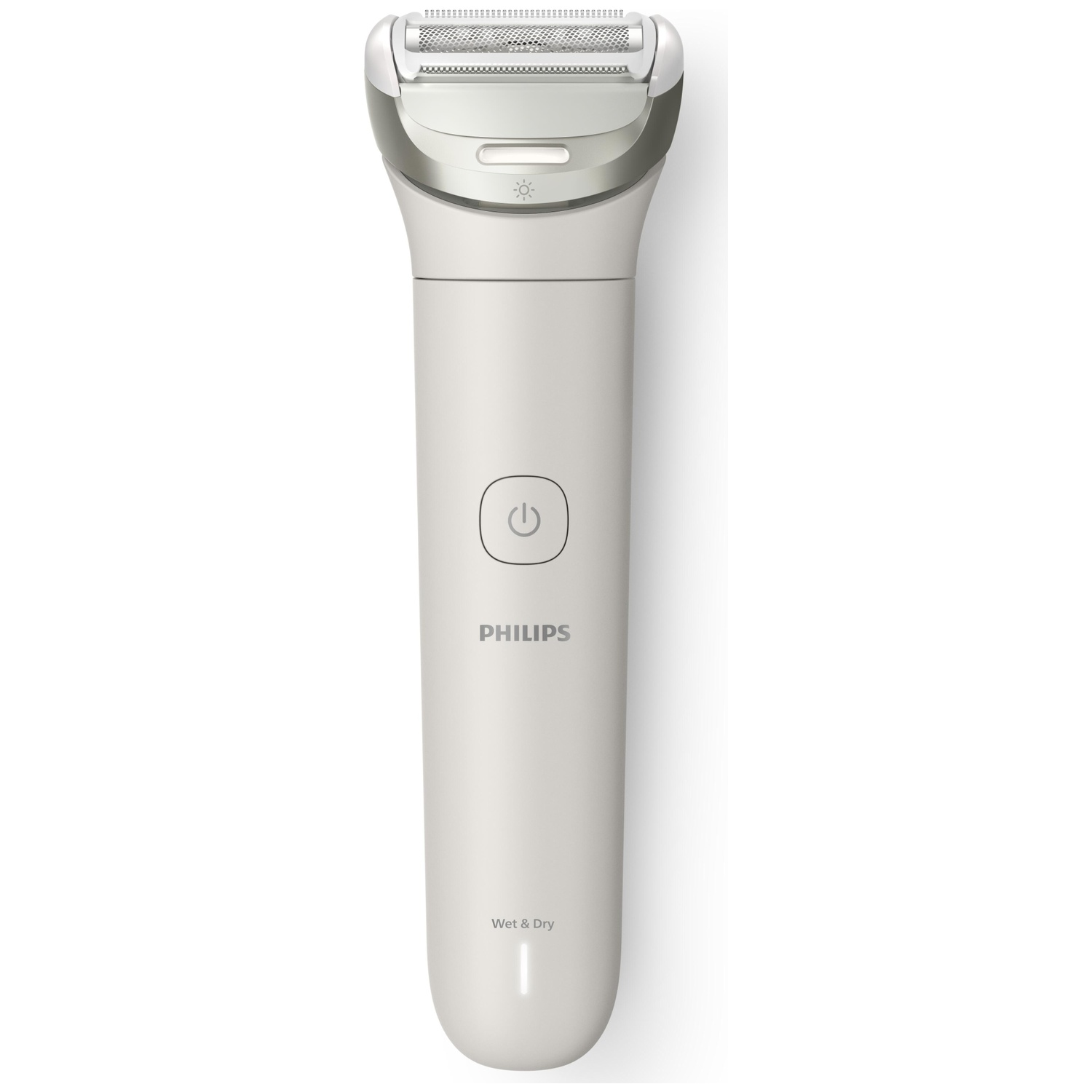 White Philips electric shaver. It has a silver head, power button, and the words 'Wet & Dry'. The background is white.