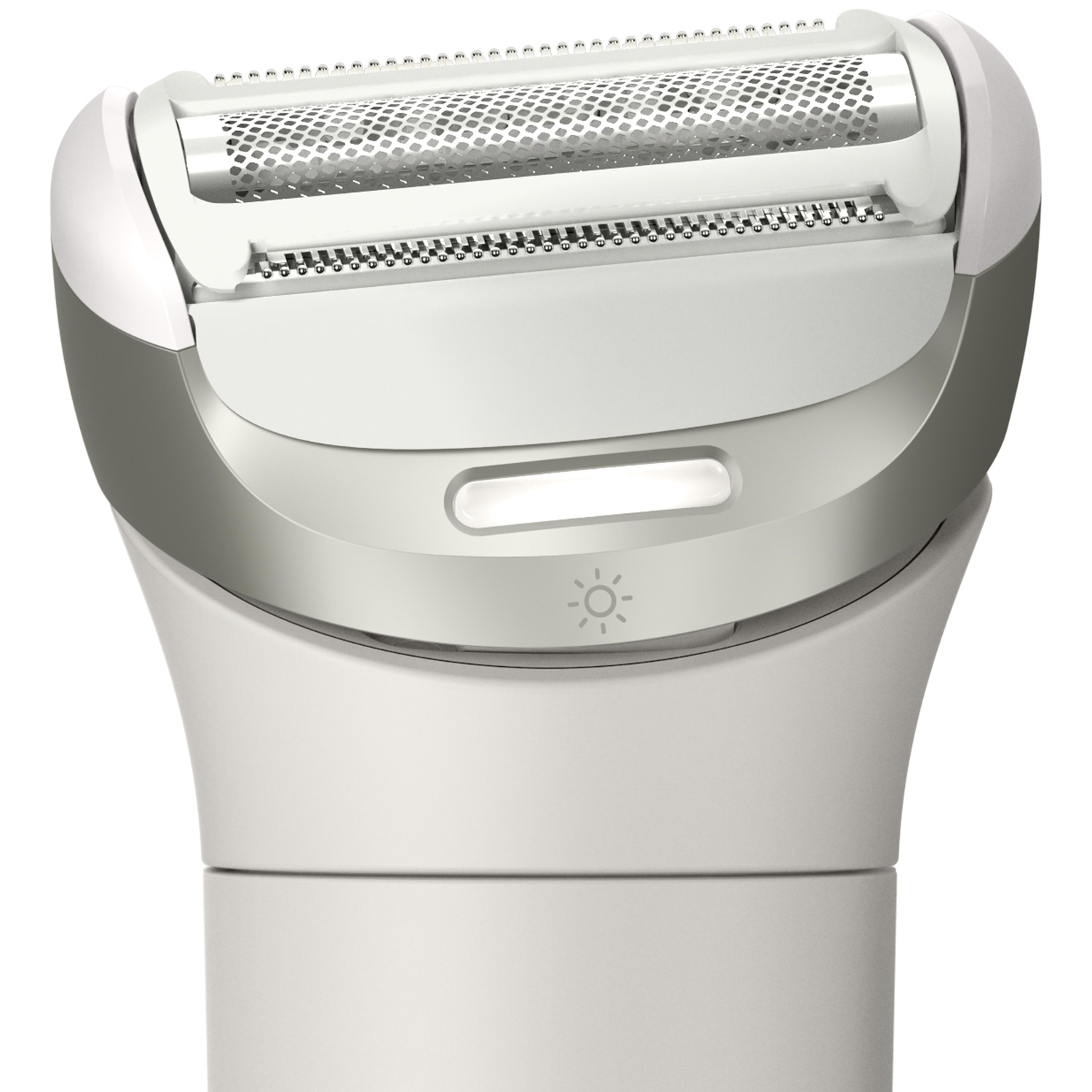 Close-up of a white and silver electric shaver. The shaver head has a silver mesh and blades. A light indicator is visible.