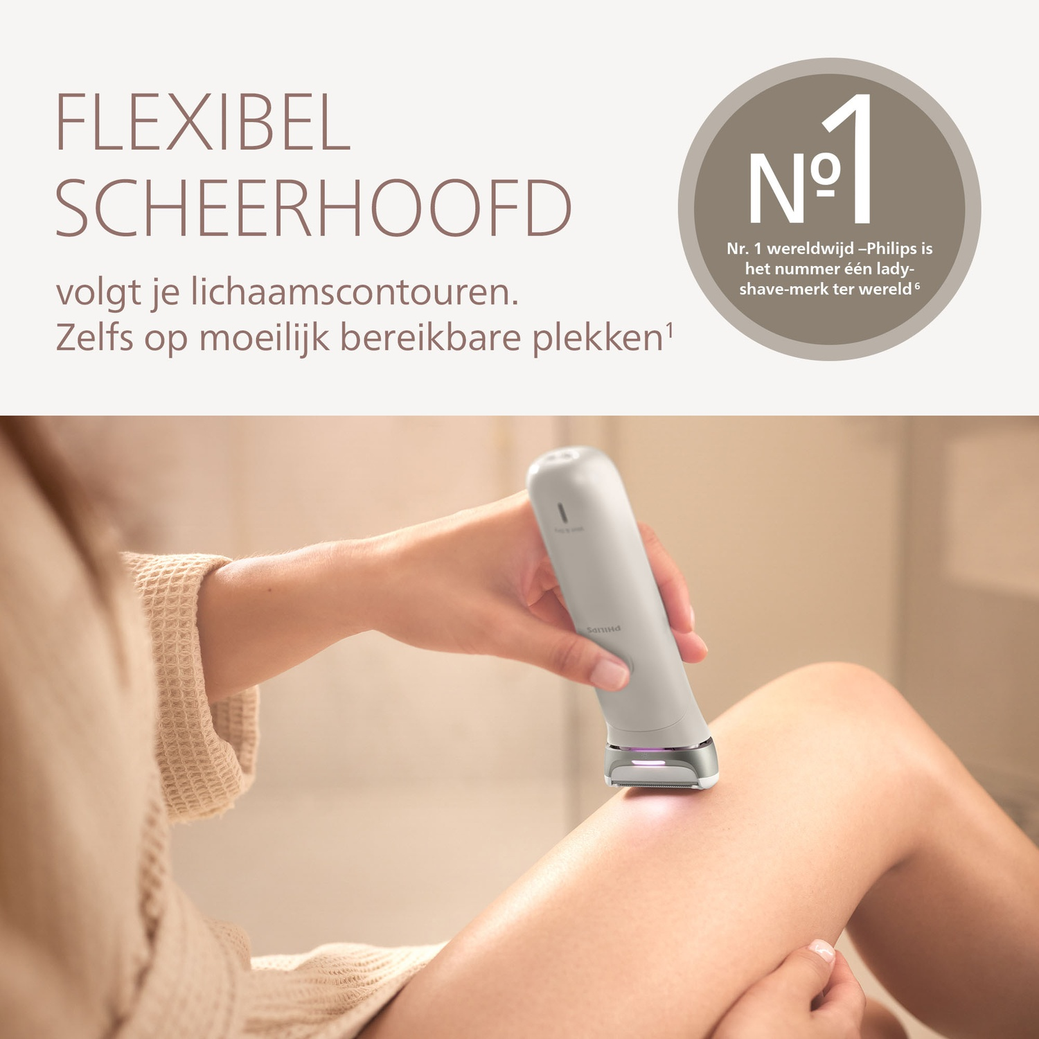 A person shaves their leg with a white Philips shaver. The shaver is on their lower leg. Text in Dutch is visible.