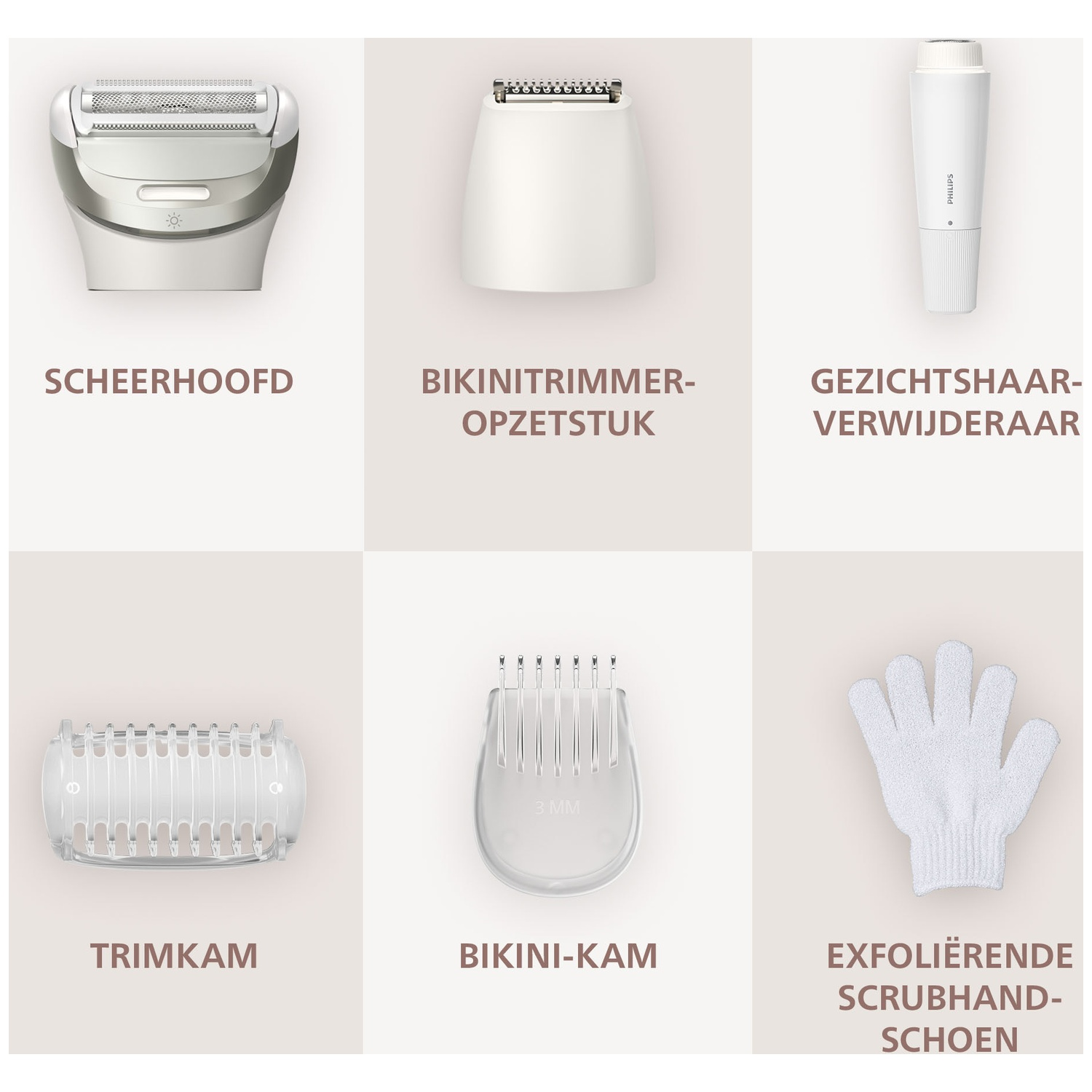 Image shows shaver parts: a shaver head, bikini trimmer, facial hair remover, trimmer comb, bikini comb, and exfoliating glove.