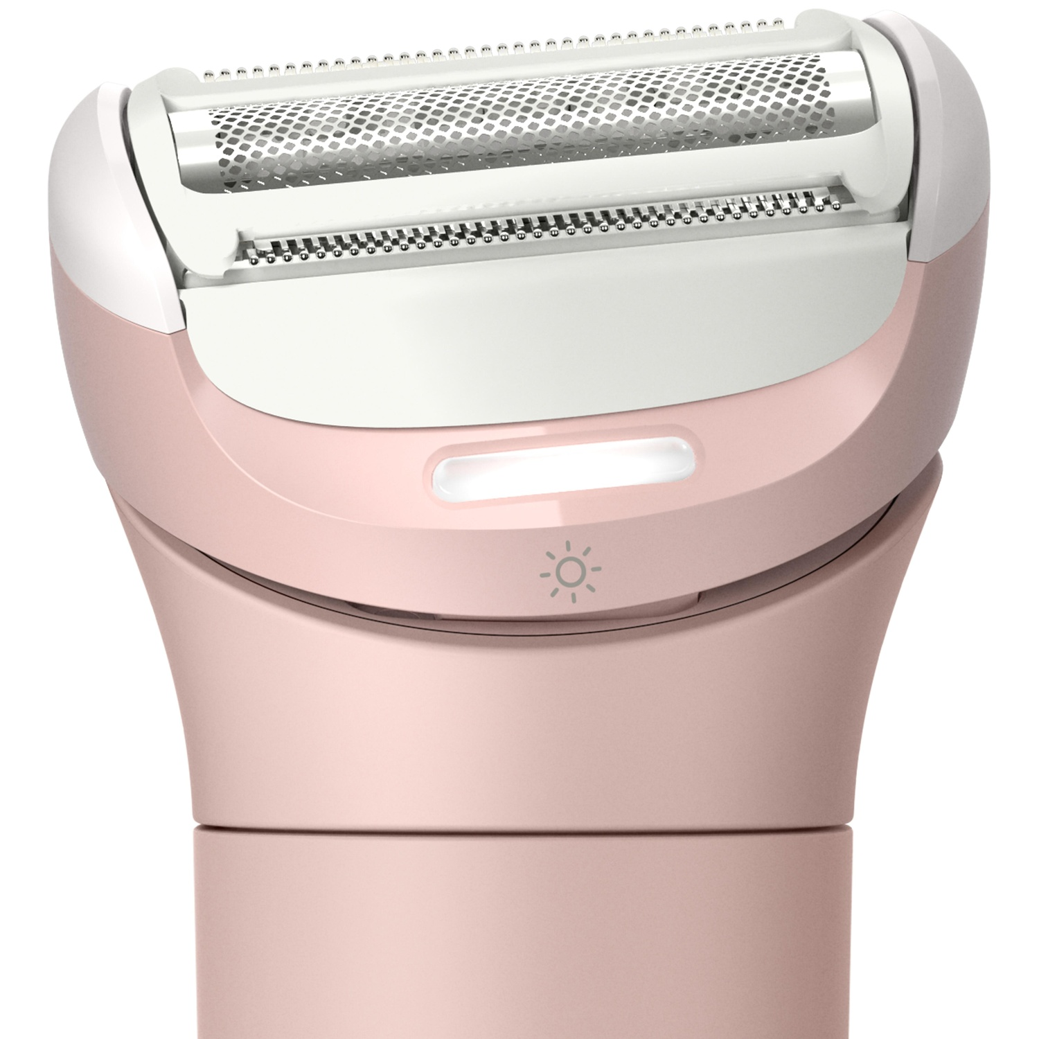A pink and white electric shaver. It has a silver mesh head, a light indicator, and a power button. The background is white.