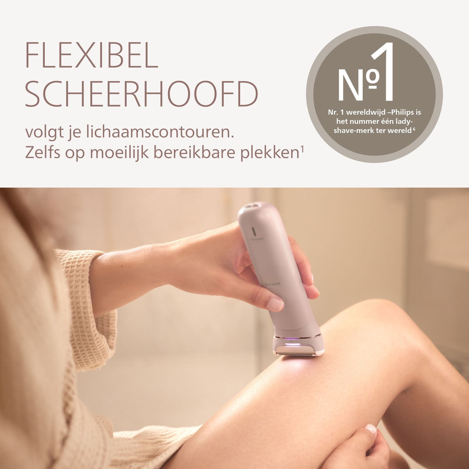 A woman shaves her leg with a Philips shaver. The shaver is light purple. Text says it follows body contours.