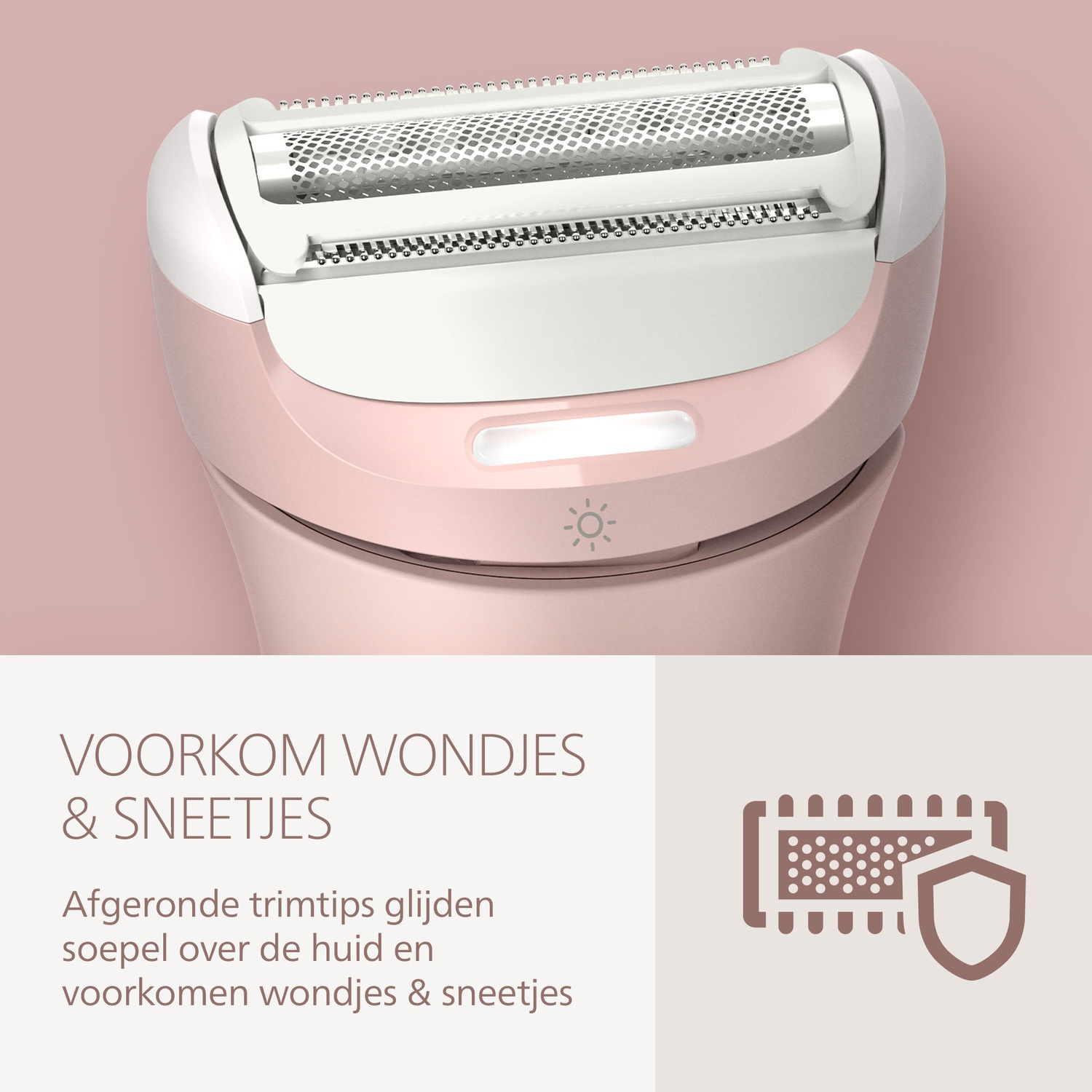 A pink and white electric shaver is shown. Text at the bottom states 'Prevent cuts & nicks', with a related icon.
